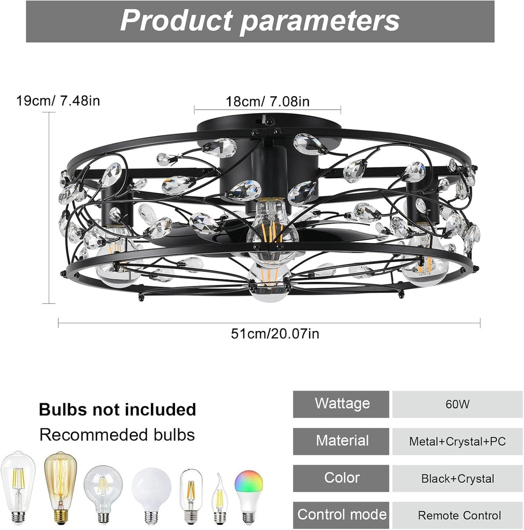 Garwarm 20in Caged Ceiling Fan with Light,Rustic Industrial Ceiling Fans with Lights and Remote,Bladeless Black Fandelier Ceiling Fan,Flush Mount Fan Lights for Kitchen,Bedroom（6 Speed,Timing）