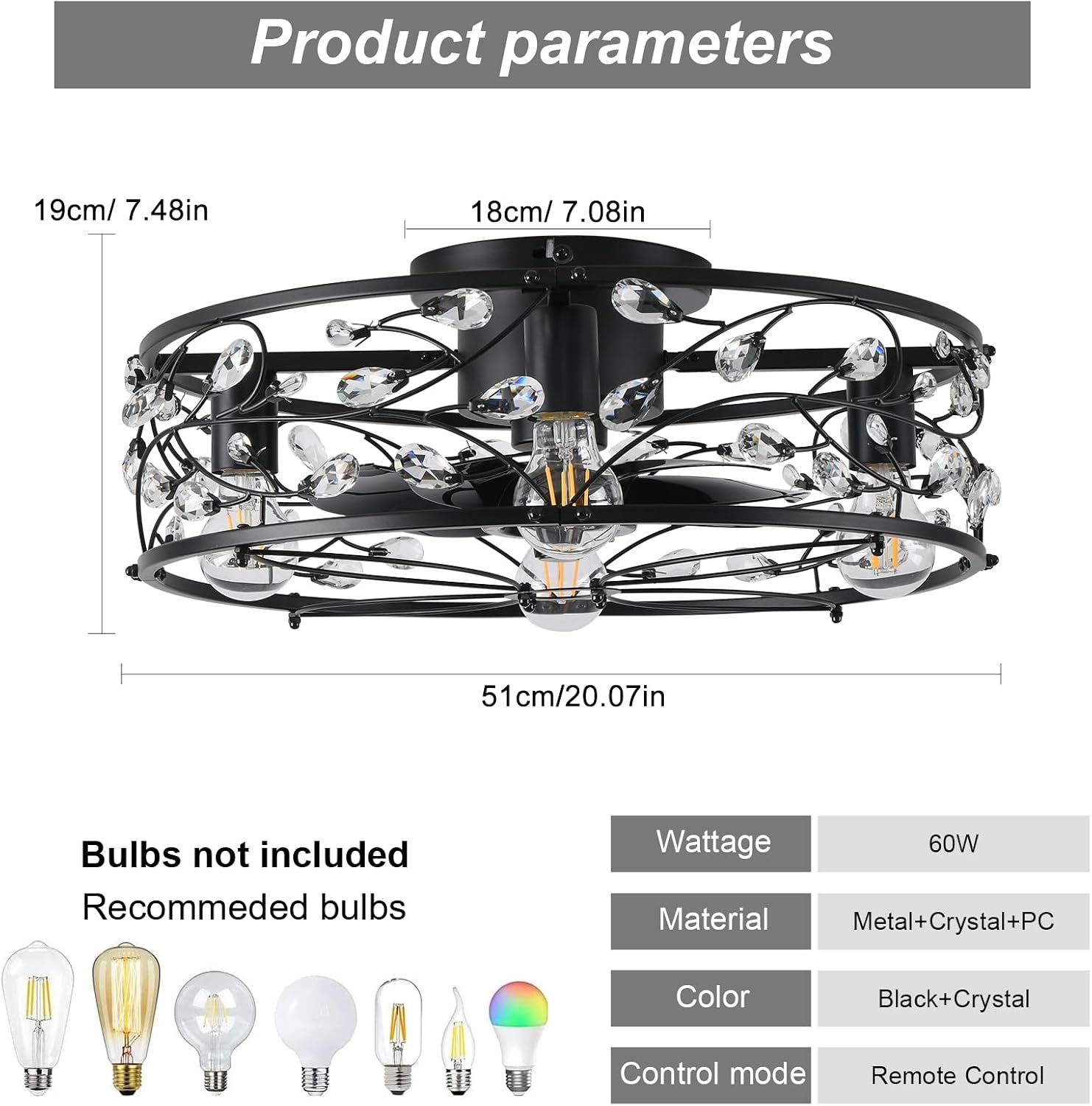 Garwarm 20in Caged Ceiling Fan with Light,Rustic Industrial Ceiling Fans with Lights and Remote,Bladeless Black Fandelier Ceiling Fan,Flush Mount Fan Lights for Kitchen,Bedroom（6 Speed,Timing）