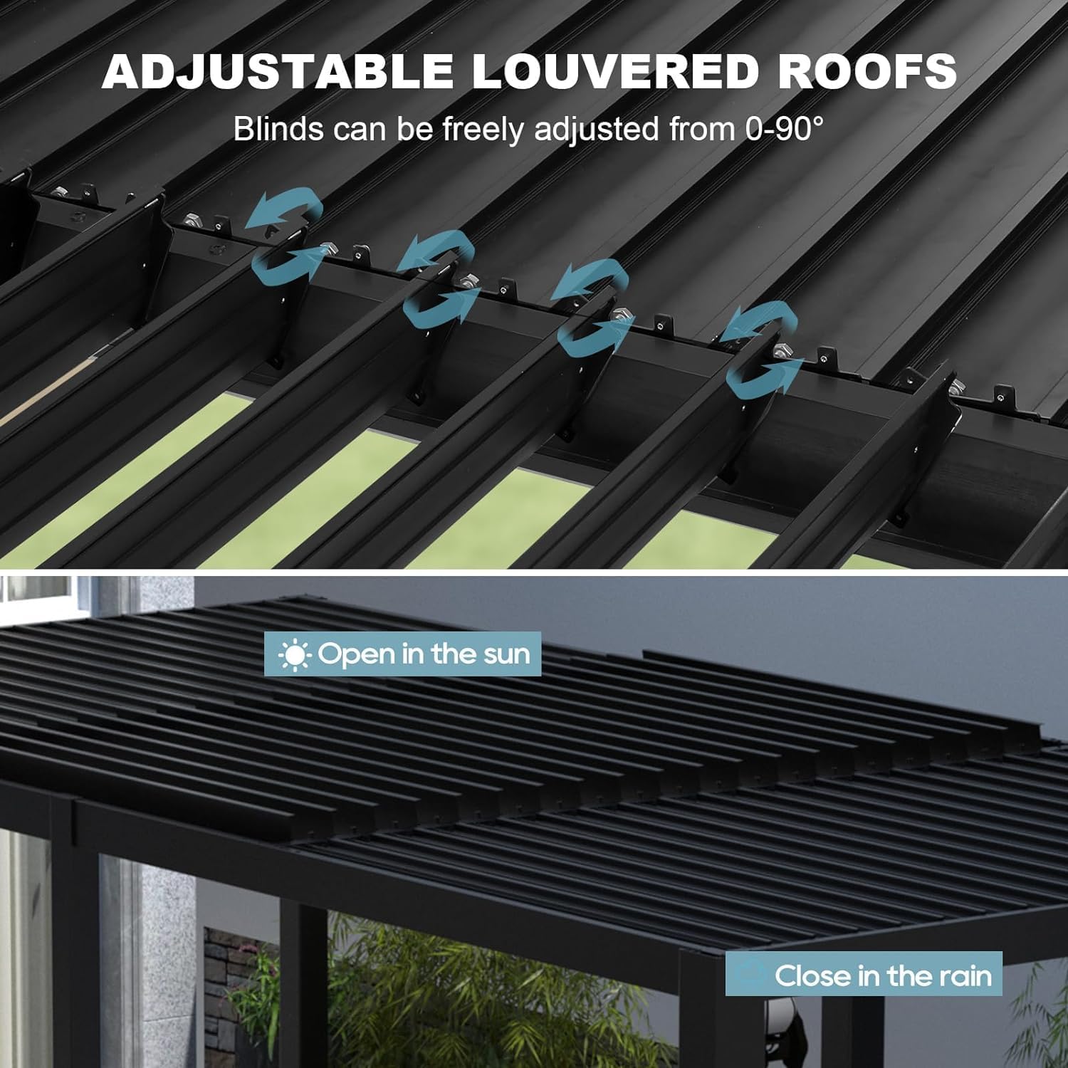 Outdoor Louvered Pergola 10' x 20', Aluminum Outdoor Louvered Pergola with Adjustable Roof, Adjustable Louvered Pergolas for Outdoor Deck, Patio, Lawn & Garden (10x20 Black with Curtain)