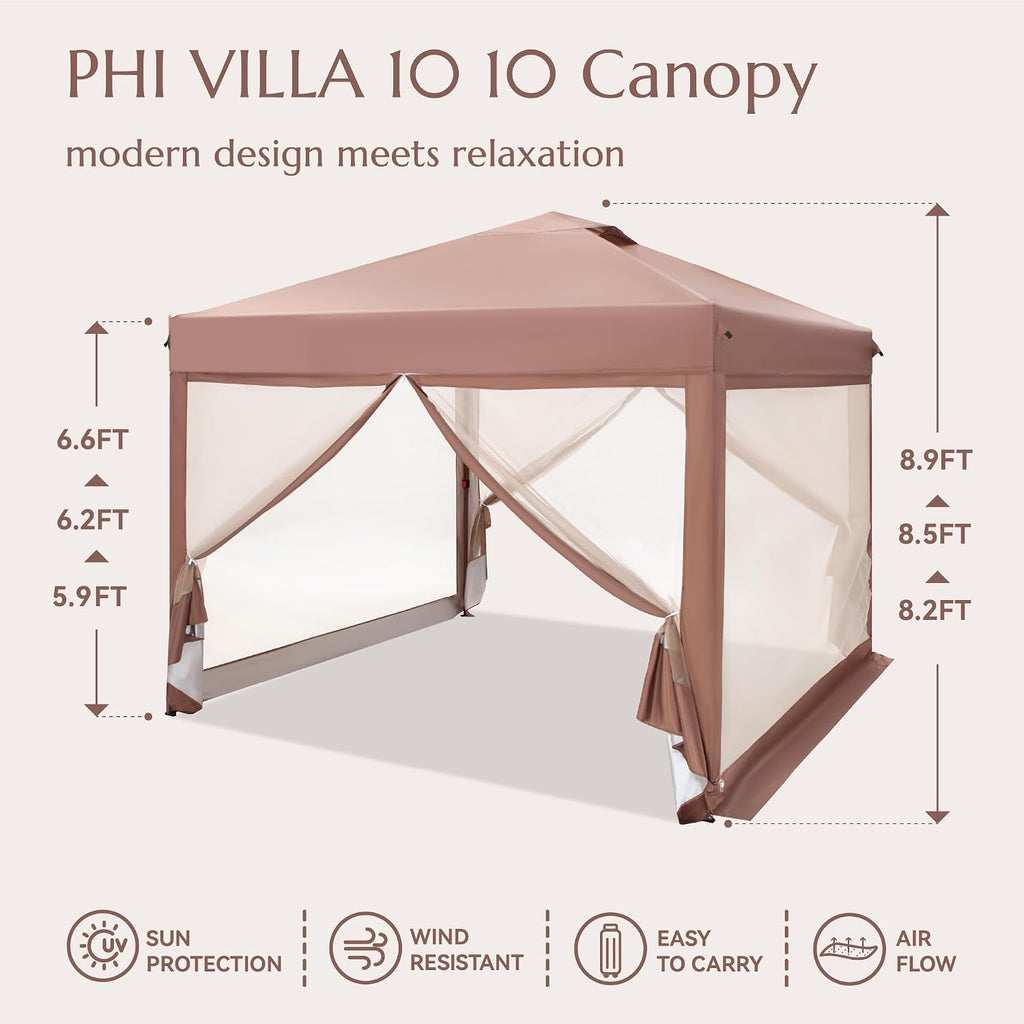 PHI VILLA 10 x 10 Pop Up Canopy Tent with Netting, Instant Gazebo, Ez up Screen House Room with Carry Bag, Height Adjustable, for Outdoor, Garden, Patio,Brown