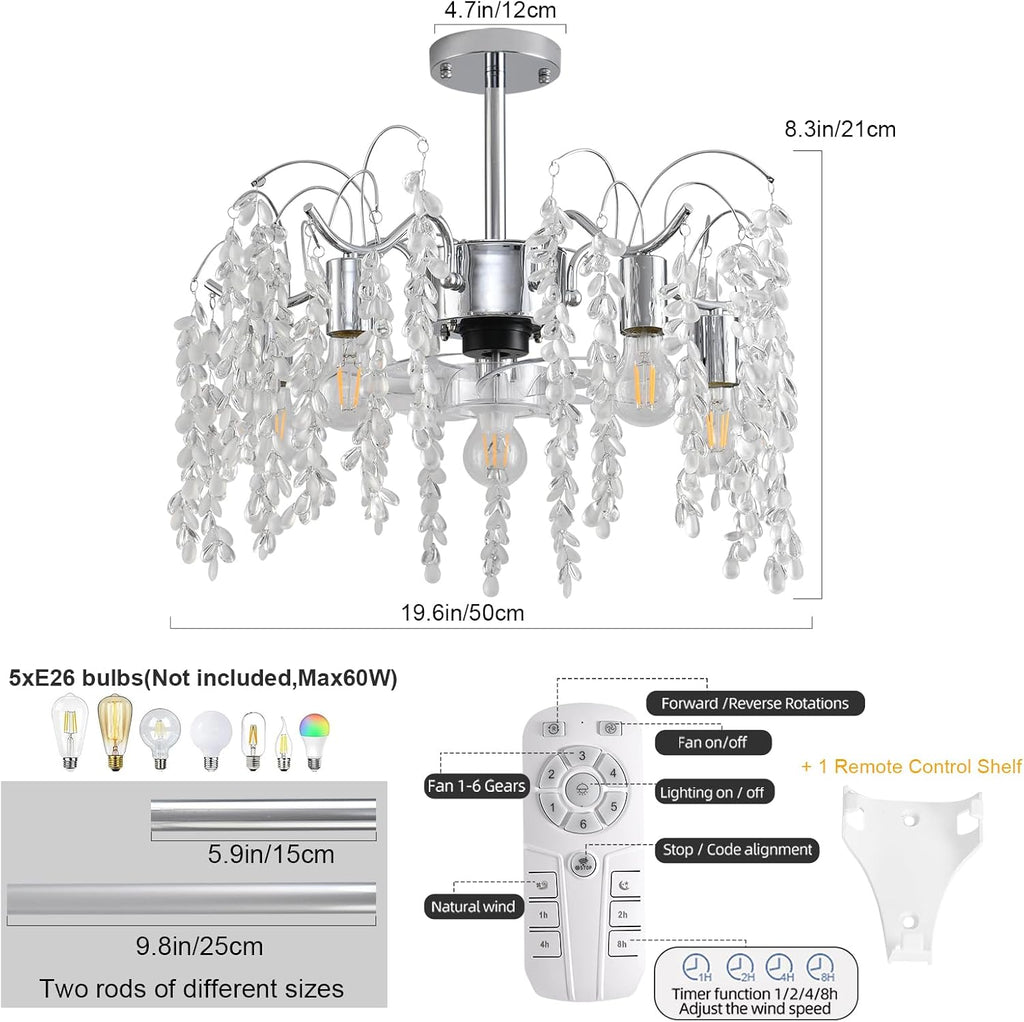 Garwarm 20in Ceiling Fans with Lights,Modern Fandelier Ceiling Fan with Light and Remote,Bladeless Crystals Chandelier Ceiling Fan for Bedroom Kitchen Living Room(6 Speed, Timing)-Chrome
