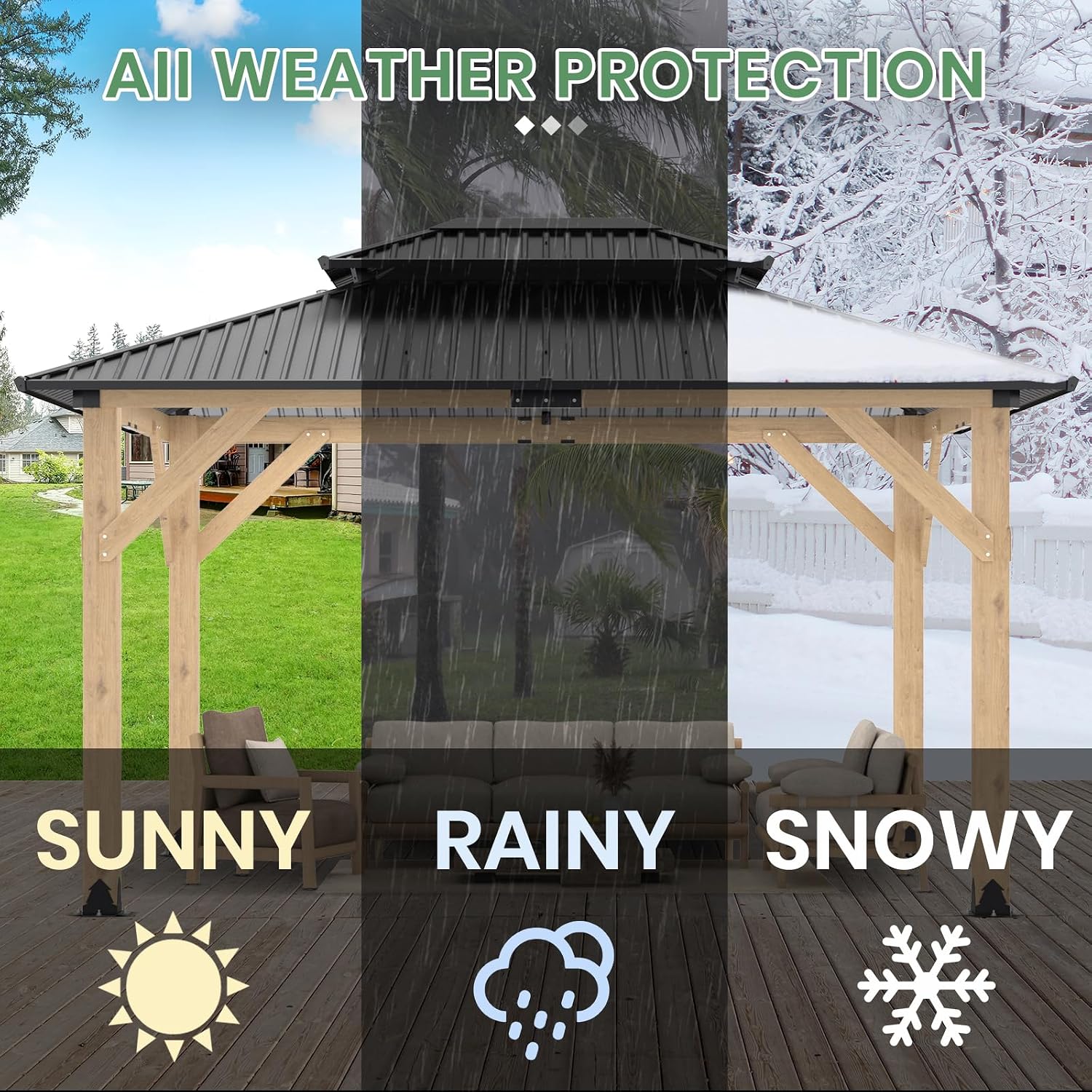 LVUYOYO 10' x 12' Wood Gazebo, Outdoor Hardtop Gazebo, Double Galvanized Steel Roof Gazebos Pergola, Wooden Pavilion for Patio, Backyard, Deck, Garden