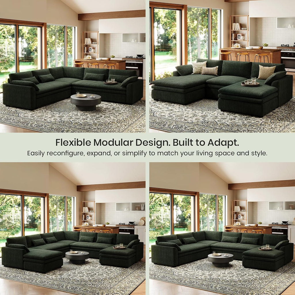 Belffin Large Modular Sectional Sofa with Deep Chaise Modular Sectional Loveseat Sofa with 9' Soft Dual-Layer 2 Seater Sofa Couch Corduroy Green