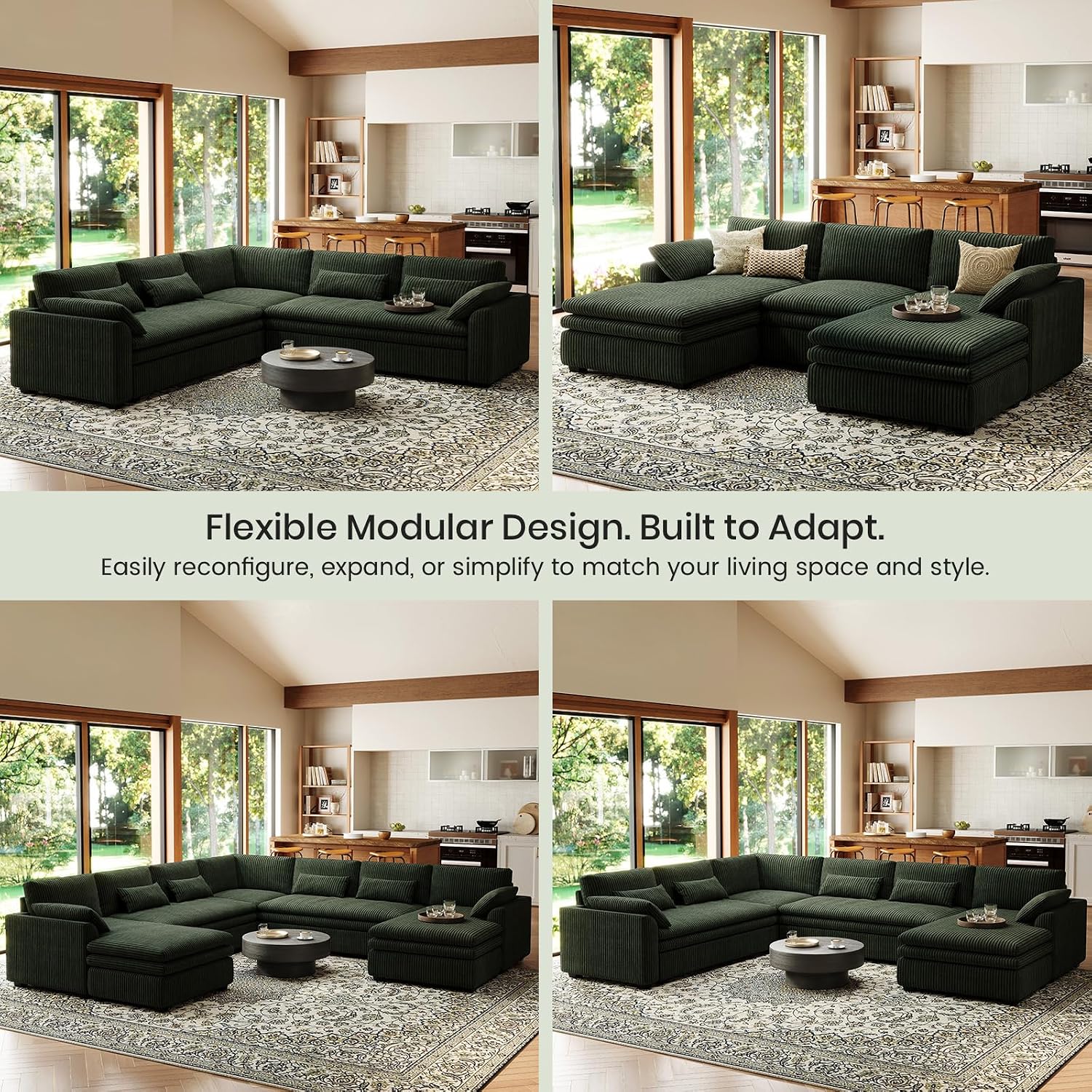 Belffin Large Modular Sectional Sofa with Deep Chaise Modular Sectional Loveseat Sofa with 9' Soft Dual-Layer 2 Seater Sofa Couch Corduroy Green