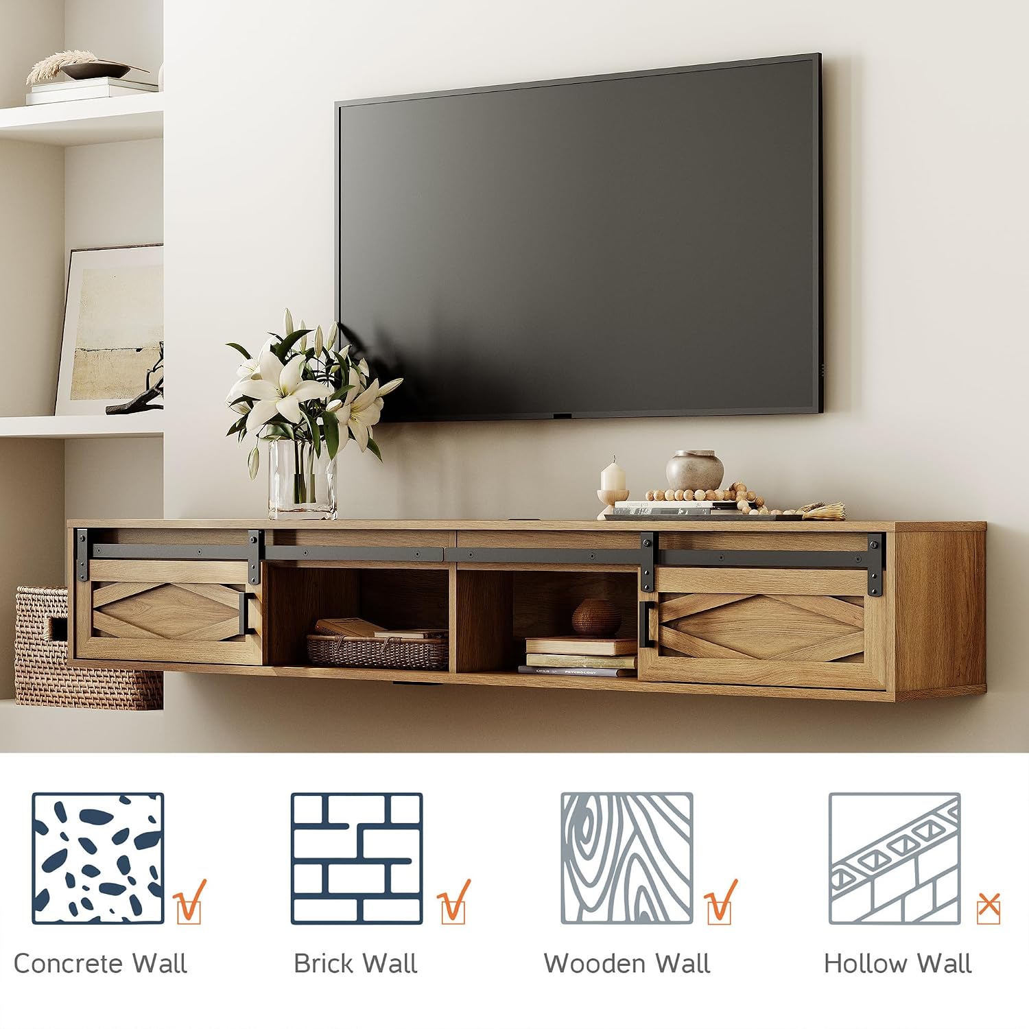 WAMPAT Floating TV Stand for TVs up to 80 Inch, Wood Entertainment Center with Charging Station, Sliding Barn Door Floating TV Shelf for Living Room,Brown