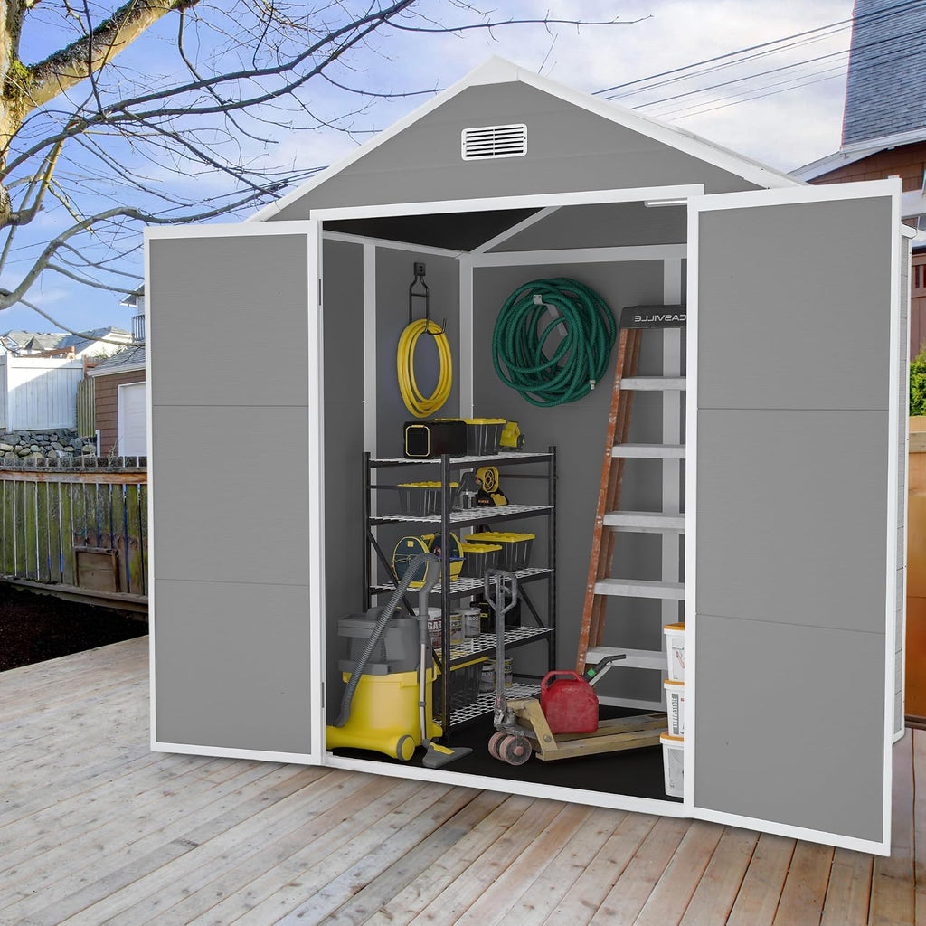 YOPTO 6x5 FT Resin Storage Shed,Garden House with Floor & Lockable Door,Waterproof Plastic Tool Sheds W/Slanting Roof Visual Window & Air Vents for Bicycles,Lawnmowers,Lawn,All Weather Use,Gray