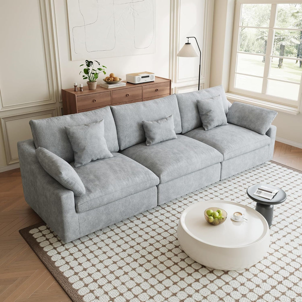 Modular Sectional Sofa Cloud Couch, 119.29' Oversized 3 Seater Sofa with Pillows, Linen Blend Fabric Minimalist Deep Seat Sofa Couches for Living Room, Sofa Covers Washable&Removable, Grey