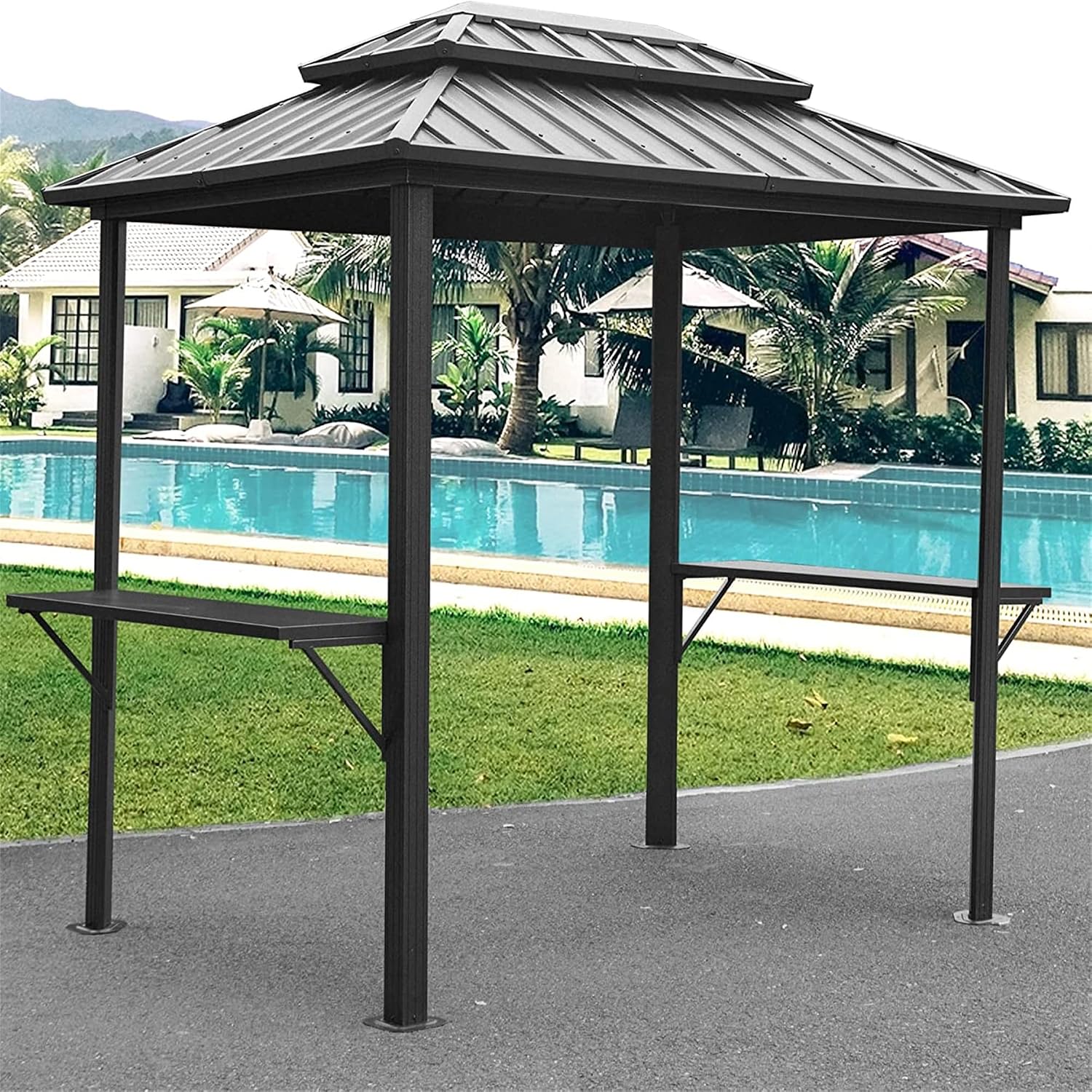 Grill Gazebo 8' × 6', Aluminum BBQ Gazebo Outdoor Metal Frame with Shelves Serving Tables, Permanent Double Roof Hard top Gazebos for Patio Lawn Deck Backyard and G(Grey)