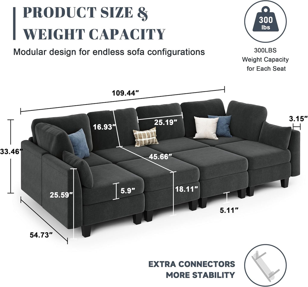 Sectional Sleeper Sofa, 8 Seaters Modular Sleeper Sofa Couch, Comfy Sectionals Couches Bed, Convertible Sofas with Ottomans, Modular Sectional Couches for Living Room, Dark Grey