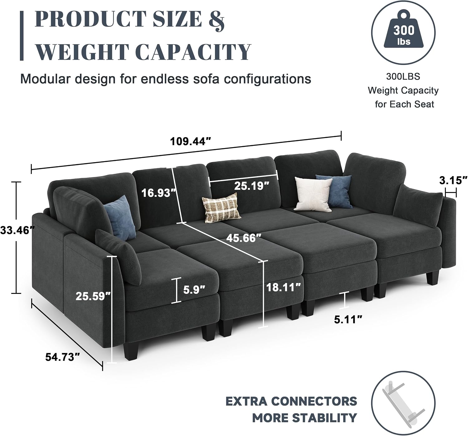 Sectional Sleeper Sofa, 8 Seaters Modular Sleeper Sofa Couch, Comfy Sectionals Couches Bed, Convertible Sofas with Ottomans, Modular Sectional Couches for Living Room, Dark Grey