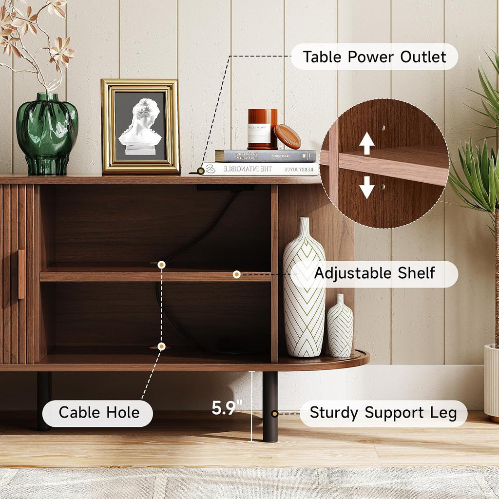 ONBRILL 55' TV Stand with Power Outlet for TVs up to 60 Inch, Entertainment Center with Storage and Adjustable Shelves, Modern Media Console with Sliding Doors for Living Room, Walnut