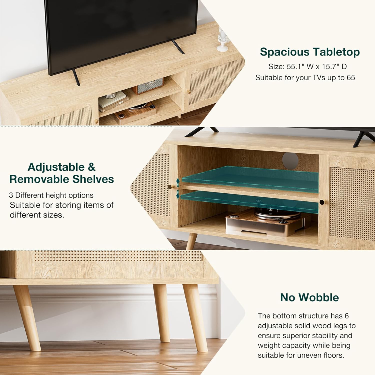 ZttRiee TV Stand for TVs up to 65'', Entertainment Center With Rattan Door, Shelves & 2 Cabinets, Long Boho Media Console for Living Room, Natural