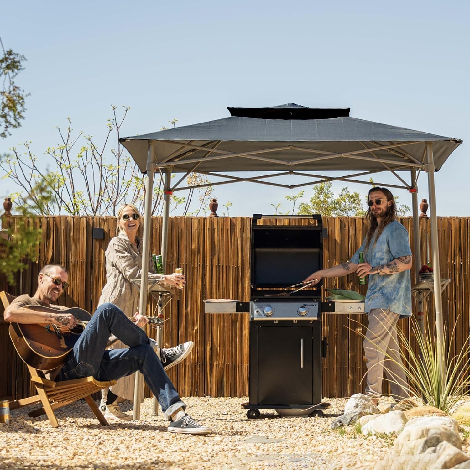 Crown Shades 8x5 Grill Gazebo - Pop Up Canopy for BBQ and Backyard Patio - Easy Outdoor Barbecue Shade Cover with Double Tier Vented Top & 2 Side Shelves (Grey)