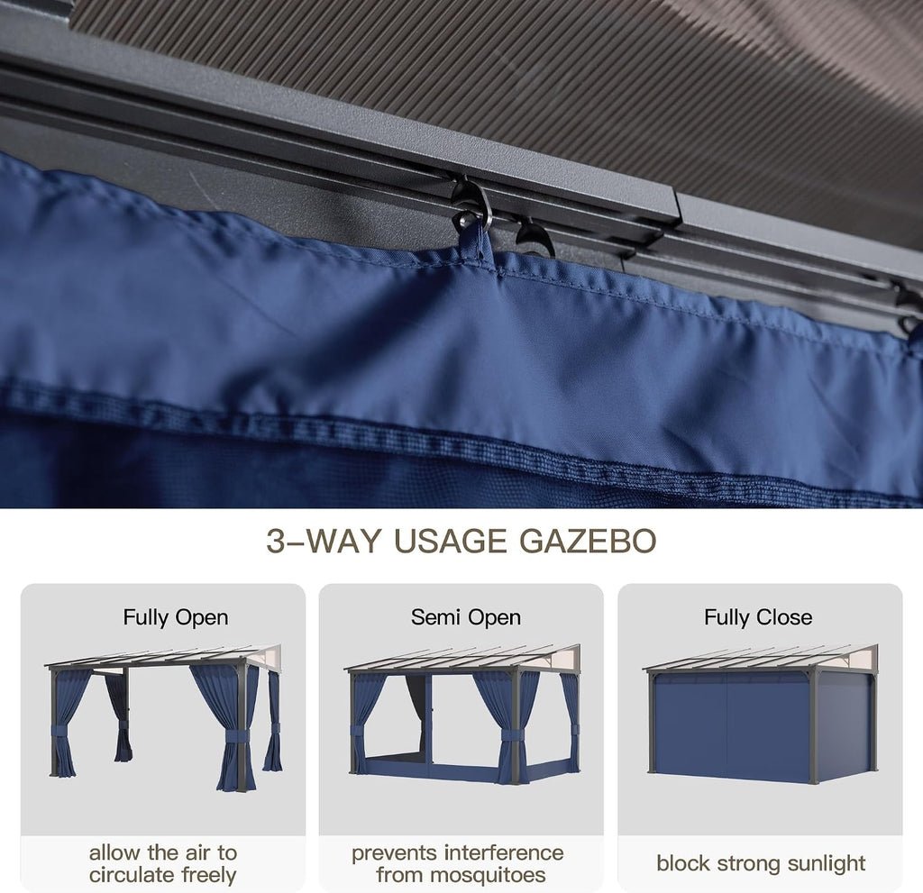10' x 12' Gazebo,Wall Mounted Gazebo with Roof,Aluminum Frame Outdoor pelgole w/Netting & Curtain,Navyblue