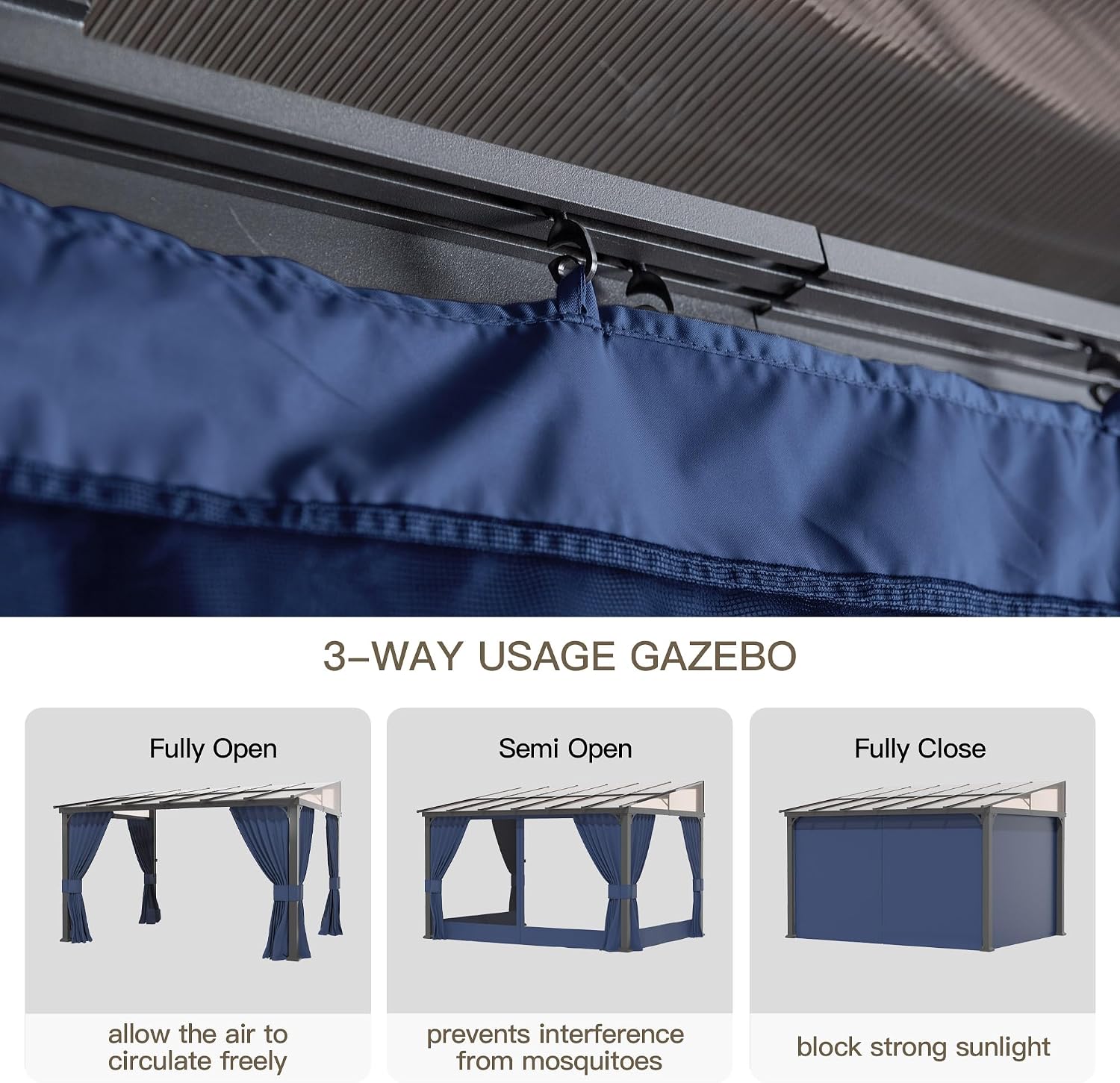 10' x 12' Gazebo,Wall Mounted Gazebo with Roof,Aluminum Frame Outdoor pelgole w/Netting & Curtain,Navyblue