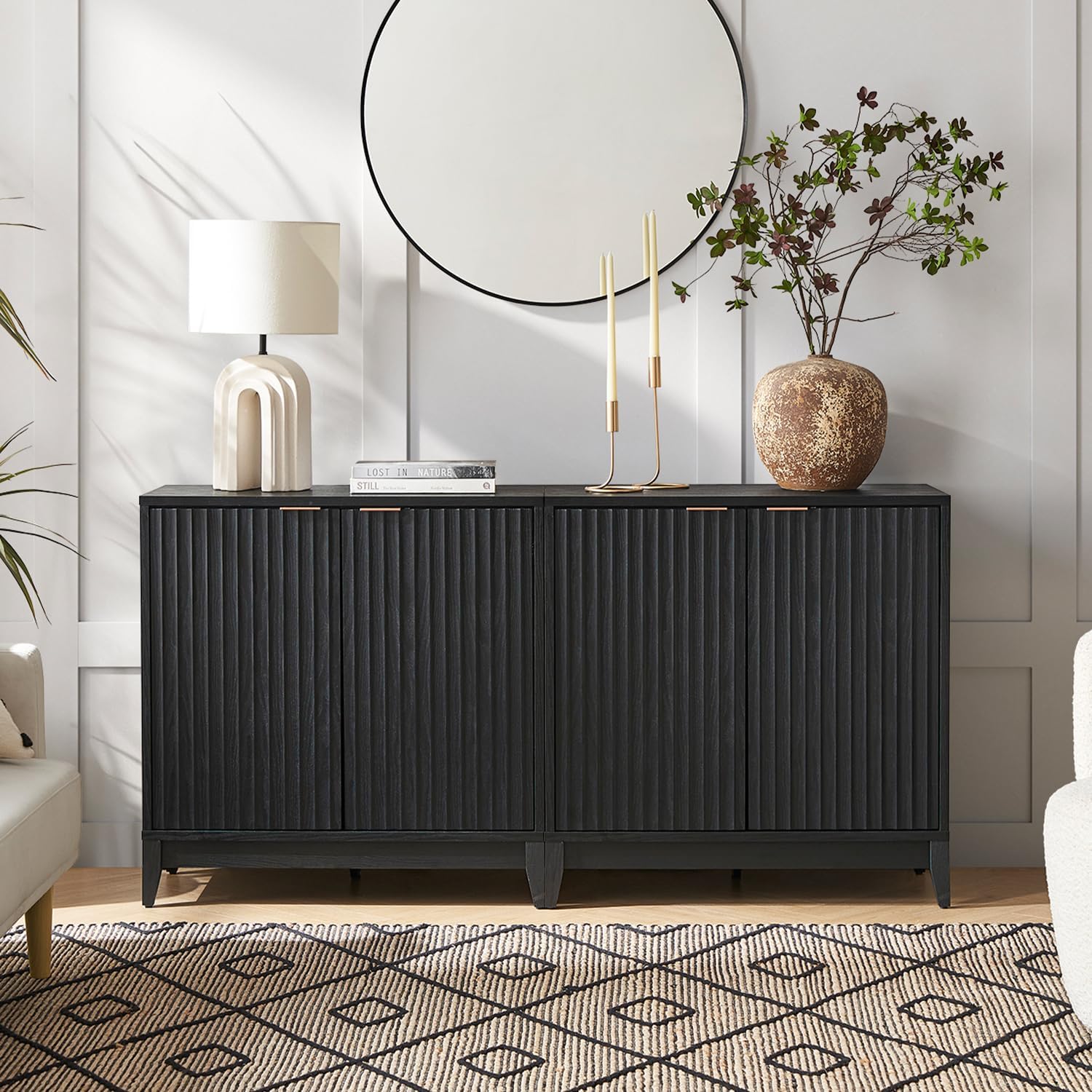 mopio Brooklyn Fluted Storage Cabinet, Modular Accent Buffet Sideboard with Adjustable Shelf, FSC Certified 50lb load Modern Farmhouse Wood Credenza for Dining, Living Room, Entryway (Black, Set of 2)