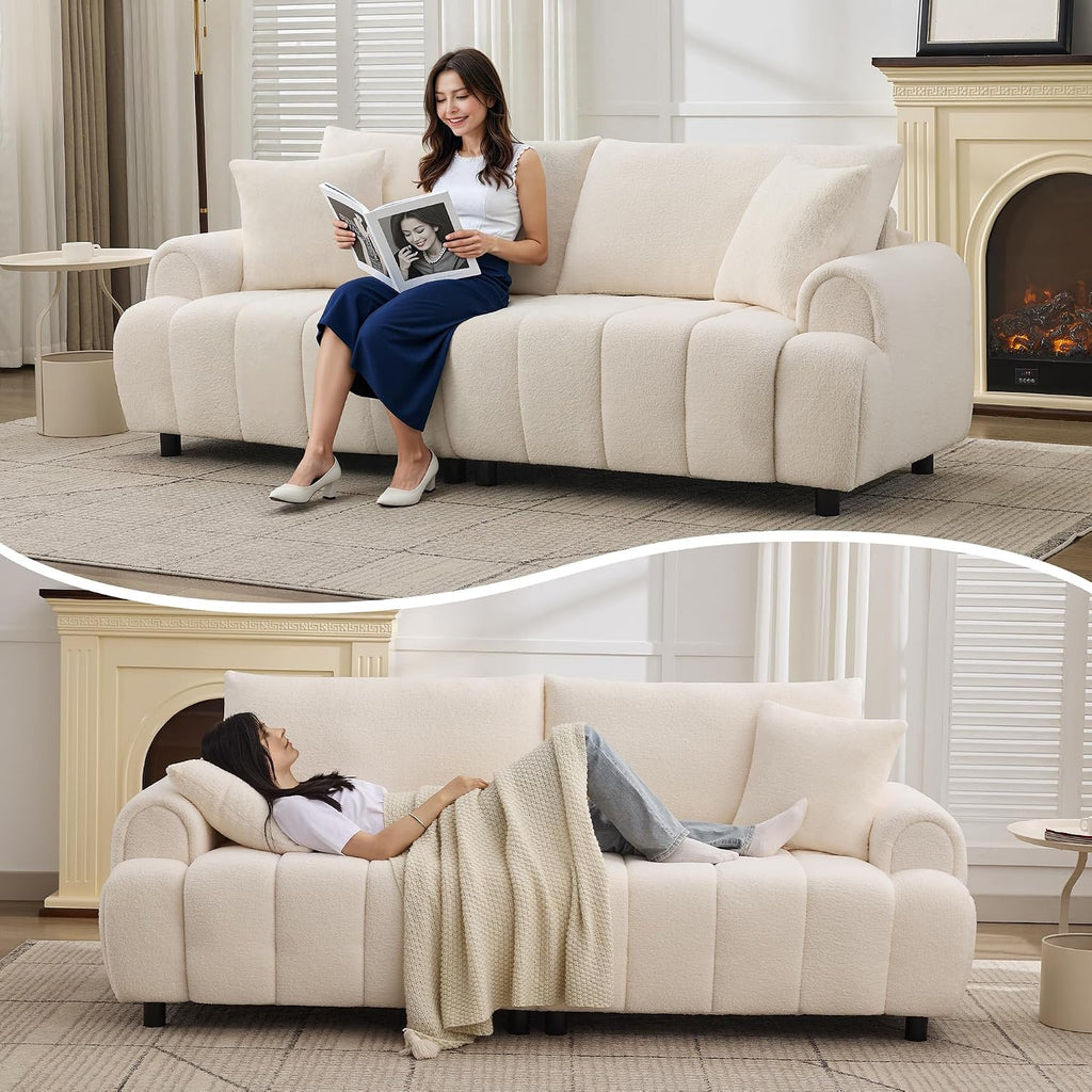 88 'Modern Boucle Sofa Couch, Oversized Comfy 3 Seater Sherpa Curved Sofas Deep Seat, Upholstered Loveseat Teddy Round Arm Couches for Living Room, Bedroom, Beige