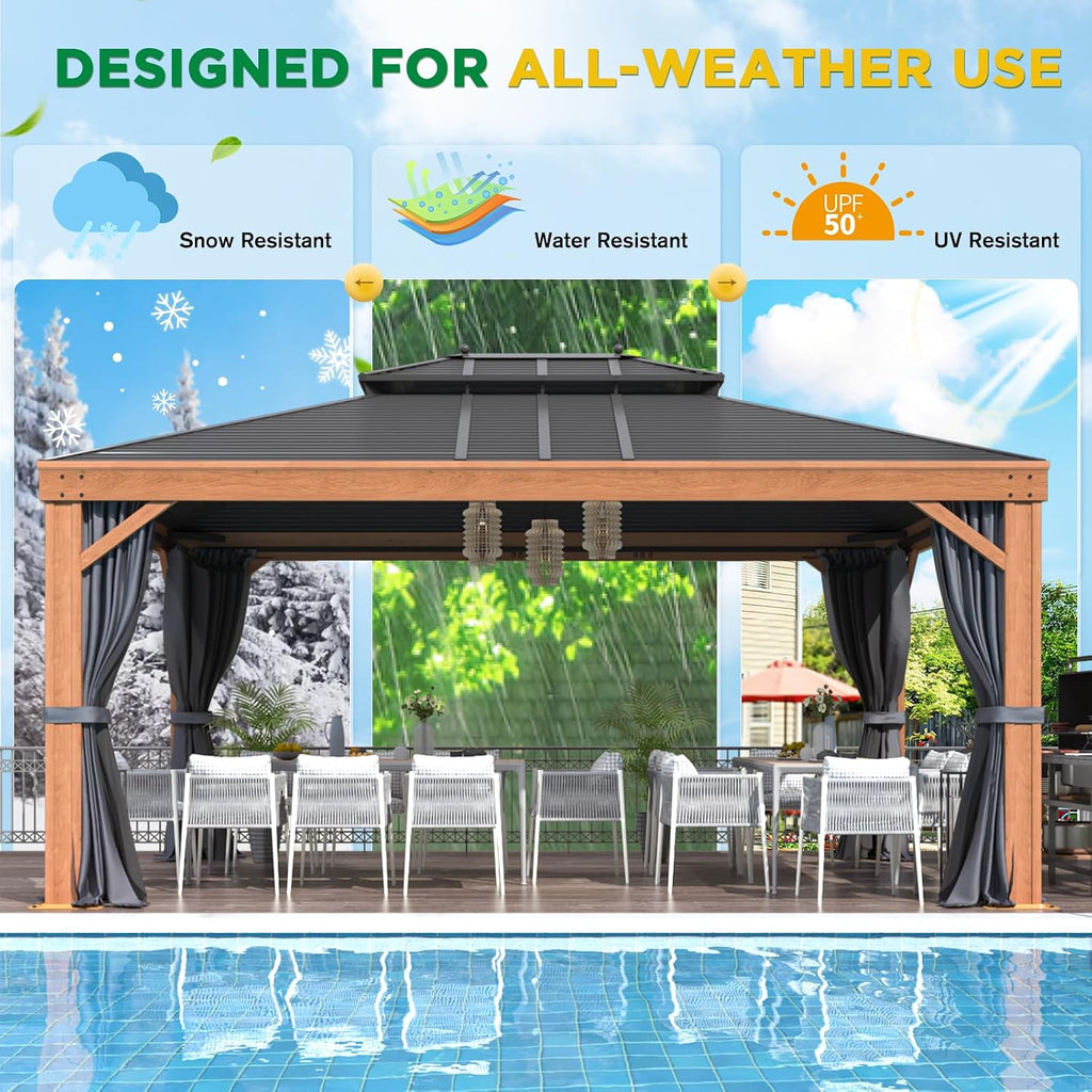 EROMMY 12' x 16' Hardtop Gazebo Outdoor Aluminum Wood Grain Gazebos with Galvanized Steel Roof and Mosquito Net for Patios, Deck, Backyard, Curtains&Netting
