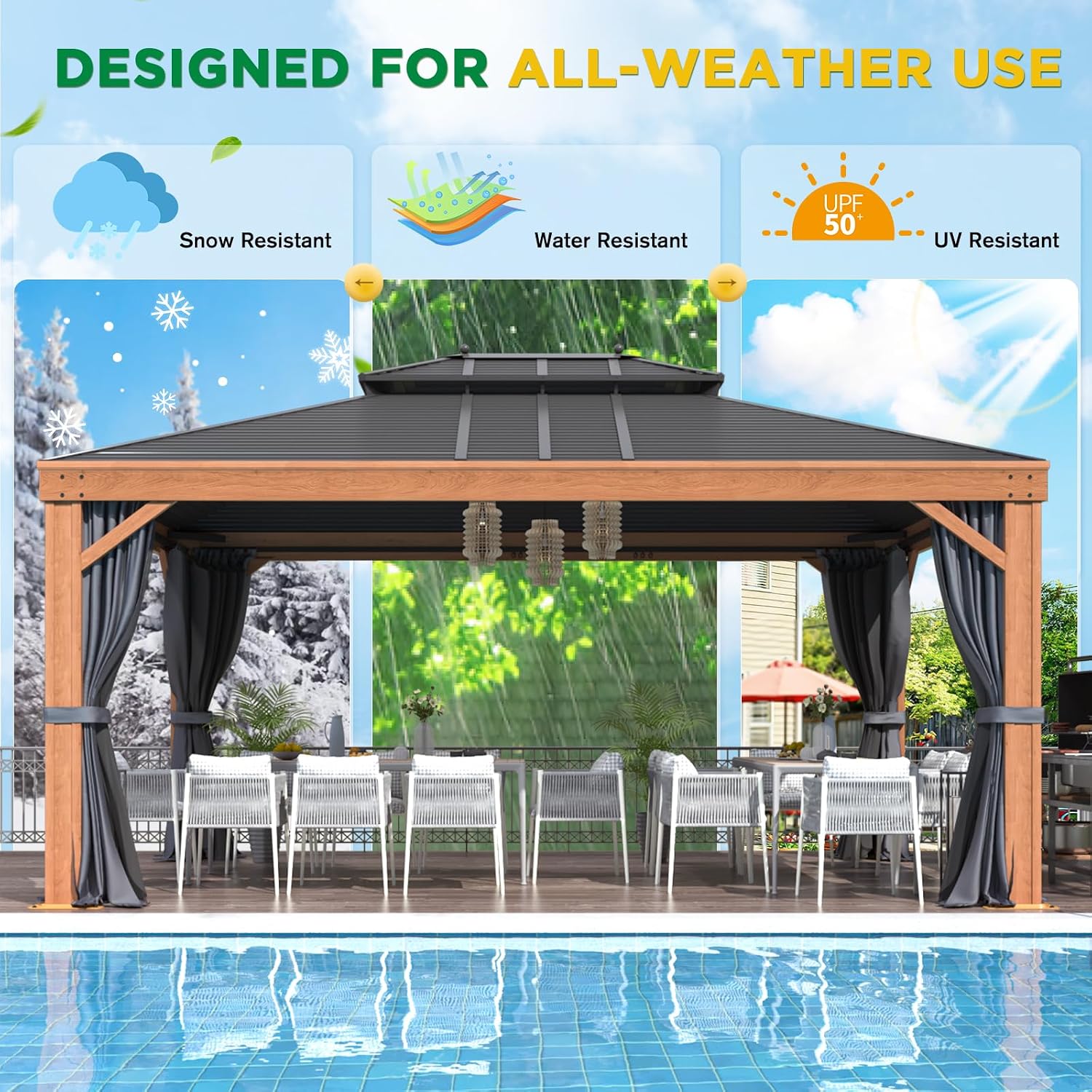 EROMMY 12' x 16' Hardtop Gazebo Outdoor Aluminum Wood Grain Gazebos with Galvanized Steel Roof and Mosquito Net for Patios, Deck, Backyard, Curtains&Netting
