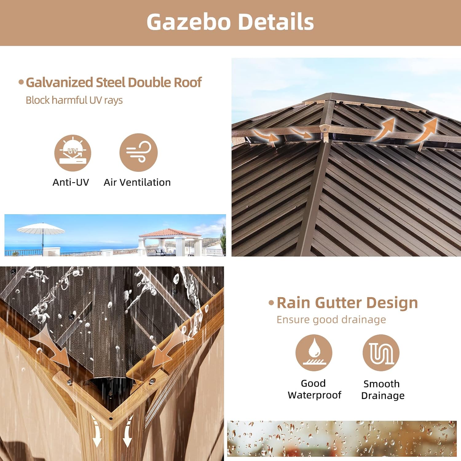 MELLCOM 10'x12' Hardtop Gazebo, Wooden Finish Coated Aluminum Frame Canopy with Galvanized Steel Roof, Outdoor Metal Gazebos with Curtains and Nettings for Patio, Backyard, Deck and Lawns