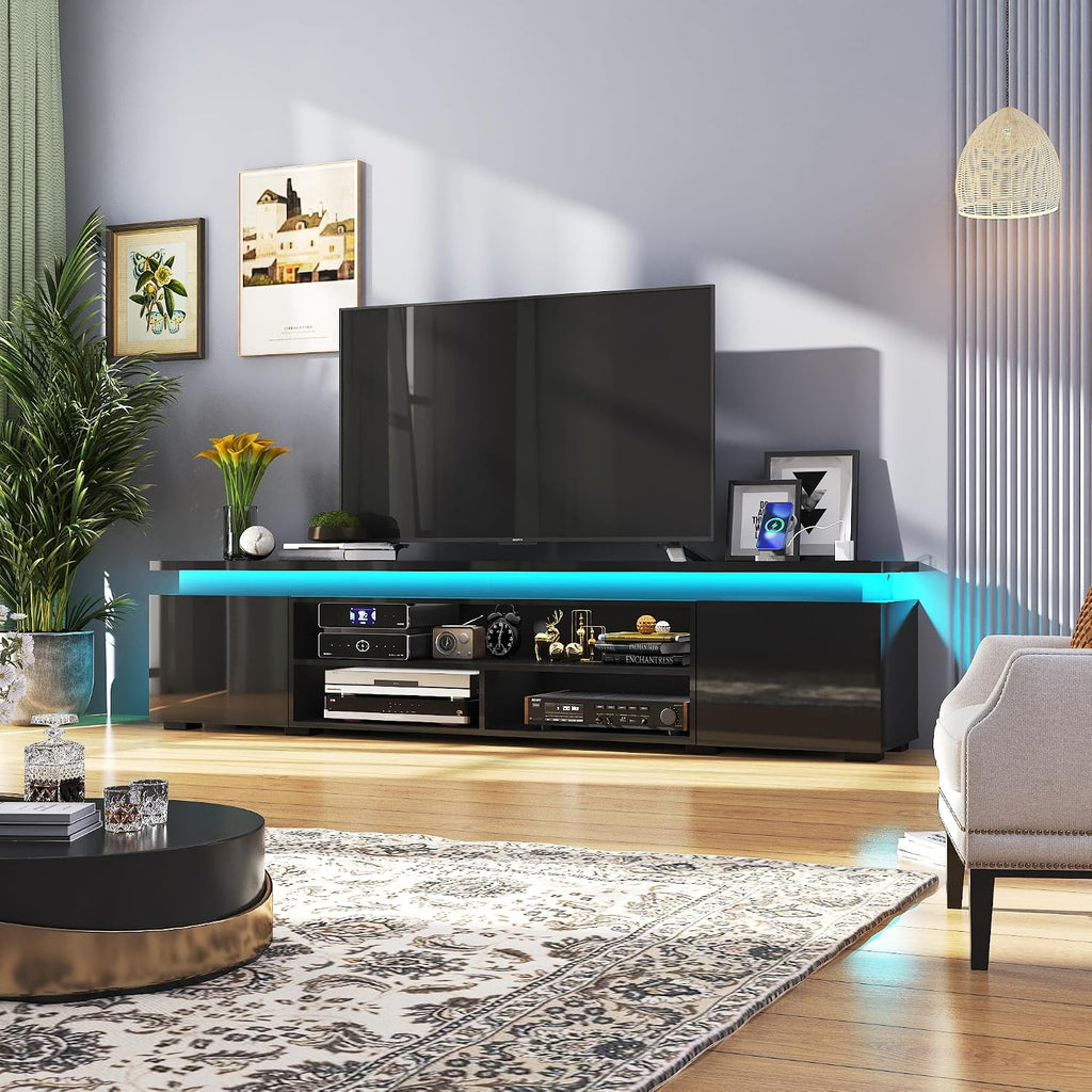 Hlivelood LED TV Stand for 95 Inch TV, Modern TV Stand with Power Outlet, High Gloss TV Console Entertainment Center with Storage and LED Lights for Living Room, Bedroom (83 Inch, Black)