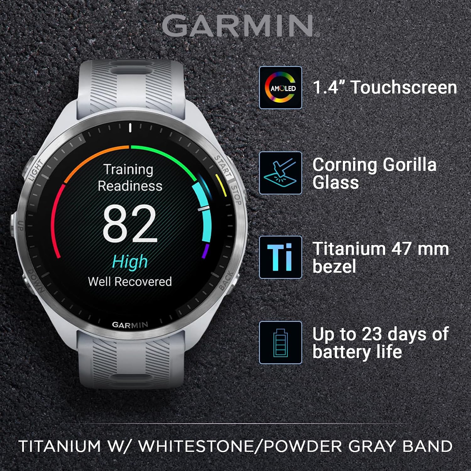 Garmin Forerunner 965 Premium GPS Running and Triathlon 47mm Smartwatch with AMOLED Touchscreen Display, Titanium Bezel with Whitestone Silicone Band E-Bank Bundle, White +E-bank