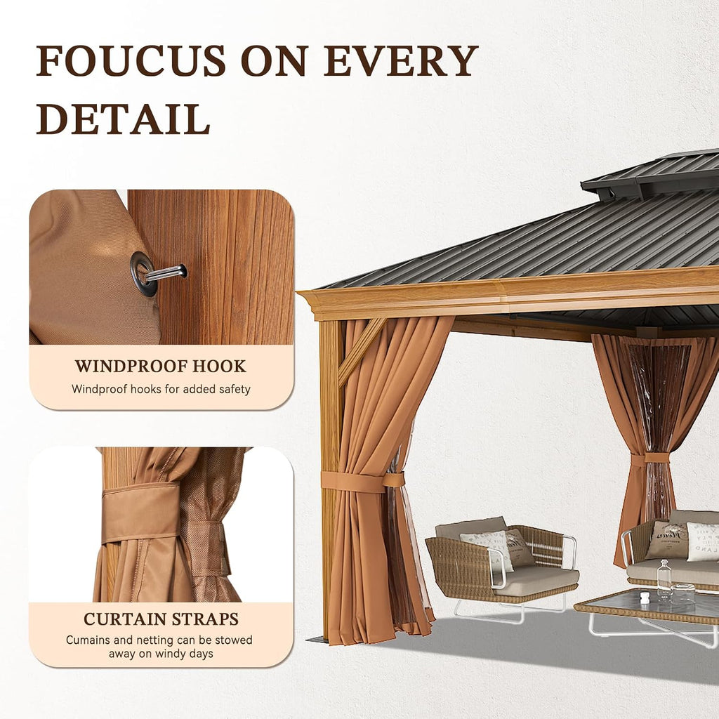 Gazebo 12ft x 16ft, Wooden Finish Coated Aluminum Frame Canopy, Galvanized Steel Double Top, Outdoor Permanent Metal Pavilion with Privacy Curtains and Netting, for Patio, Deck and Backyard