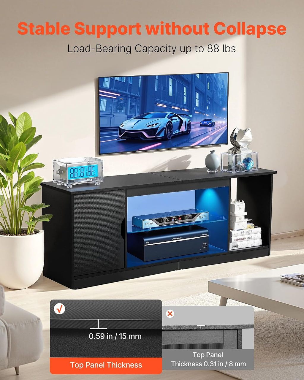 VEVOR Modern TV Stand for 65 inch TVs, LED Entertainment Center with Storage Cabinet for PS5 Xbox Gaming Media Console Table with Adjustable Glass Shelf, Wood TV Cabinet for Living Room Bedroom, Black