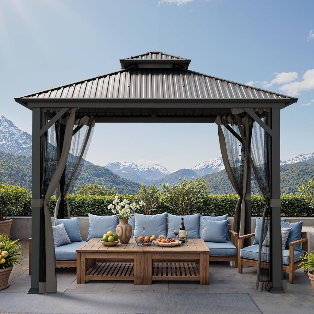 10x10 Hardtop Gazebo, Heavy Duty Outdoor Gazebo with Powder-Coated Iron Frame,Double Galvanized Steel Roof, Permanent Metal Pavilion with Mosquito Netting for Backyard, Patio & Garden