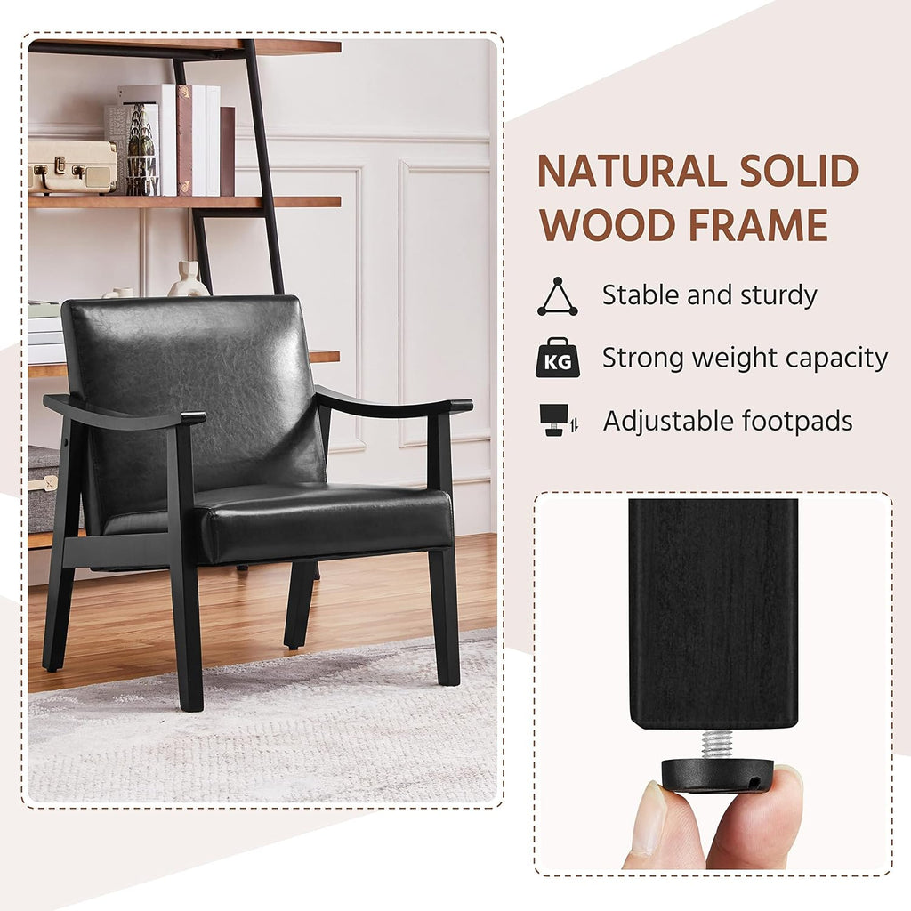 Yaheetech PU Leather Black Chairs, Mid-Century Modern Armchair with Solid Wood Legs, Reading Accent Chair with High Back for Living Room Bedroom Waiting Room, 2 pcs, Black