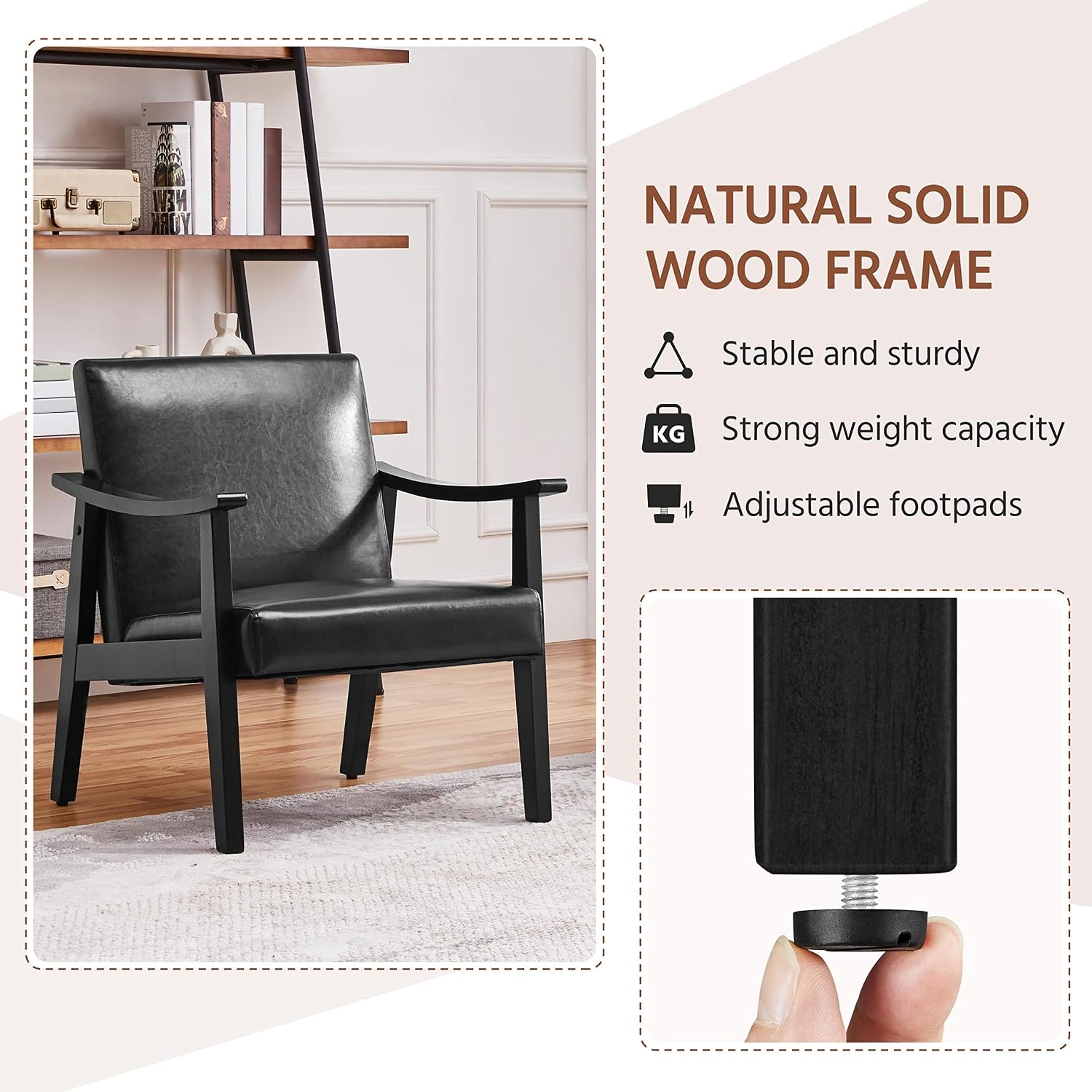 Yaheetech PU Leather Black Chairs, Mid-Century Modern Armchair with Solid Wood Legs, Reading Accent Chair with High Back for Living Room Bedroom Waiting Room, 2 pcs, Black