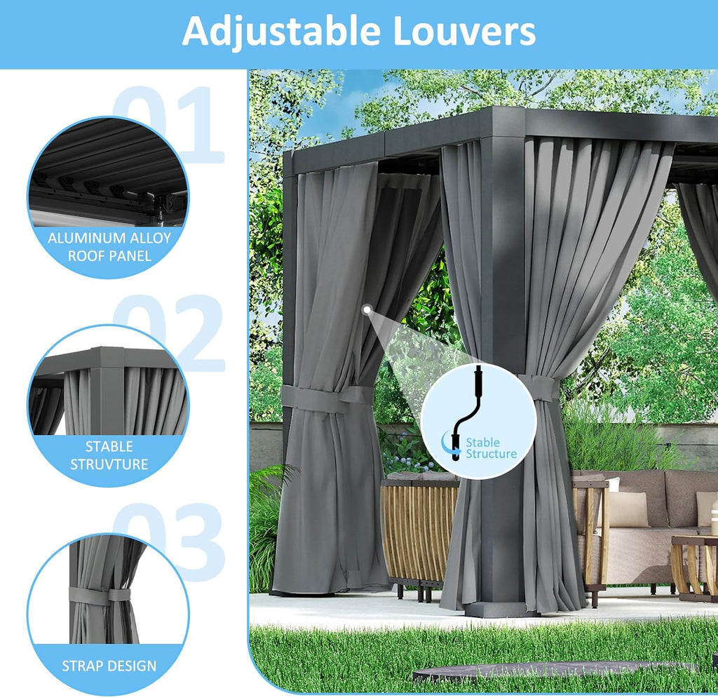 10×10FT Louvered Pergola, Adjustable Aluminum Gazebo with Ventilated Roof, Outdoor Shade Shelter for Patio, Garden, and Backyard