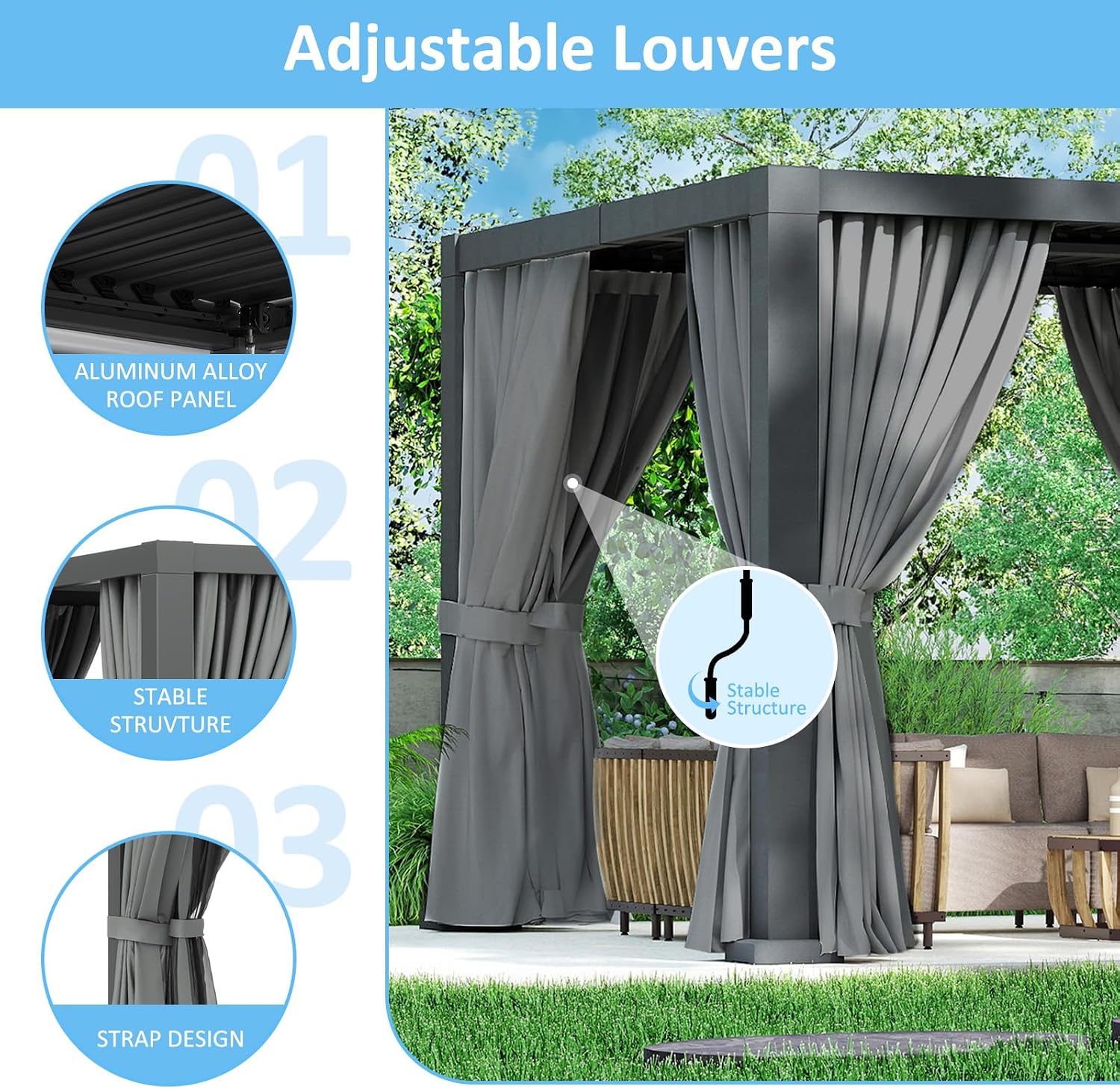 10×10FT Louvered Pergola, Adjustable Aluminum Gazebo with Ventilated Roof, Outdoor Shade Shelter for Patio, Garden, and Backyard