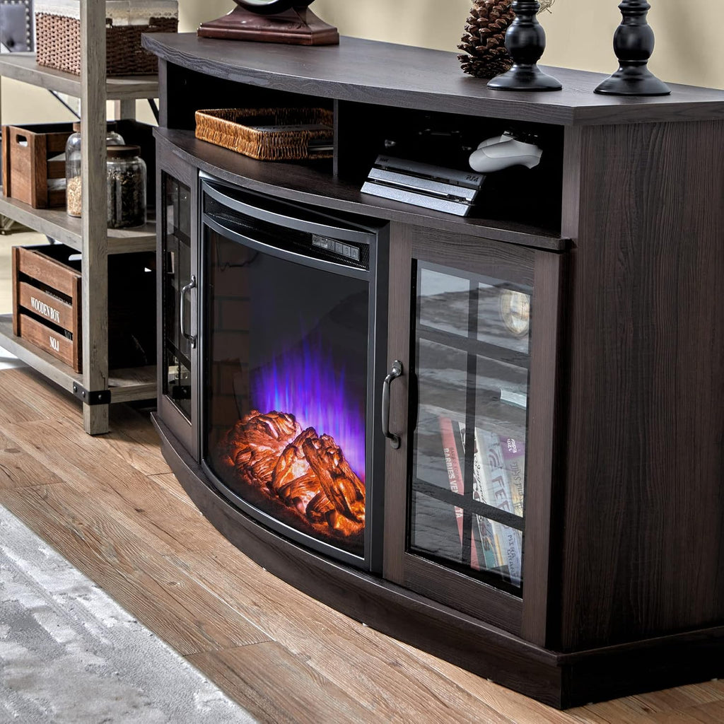 AMERLIFE Curved Fireplace TV Stand with 26'' Electric Fireplace, Media Entertainment Center Farmhouse Glass Door Storage Cabinet, Open Shelve Console Table for TVs up to 65'', Espresso