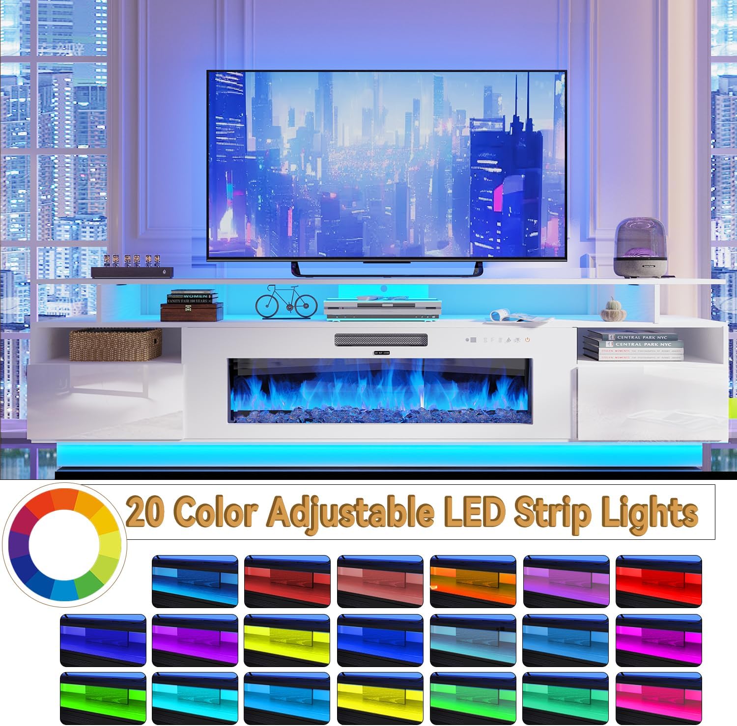FJTJBSI 70' Fireplace TV Stand with 36' Electric Fireplace Entertainment Center with Charging Station and LED Light Console Table for Television up to 80 inch with Storage for Living Room