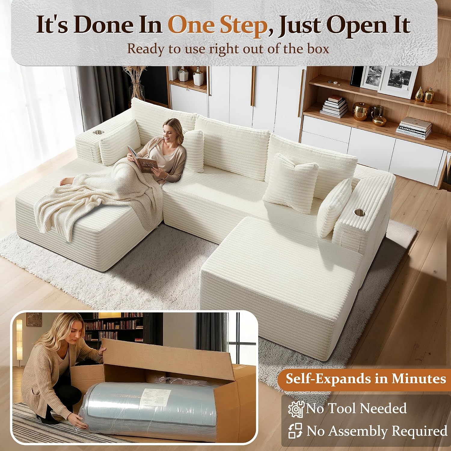 108' Cloud Sectional Couch, Comfort U Shaped Sofa for Living Room, Extra Deep Seats No Assembly, Minimalist Modular Couch, Corduroy (Cream, 2 Seater+Left Facing Chaise+Ottoman)