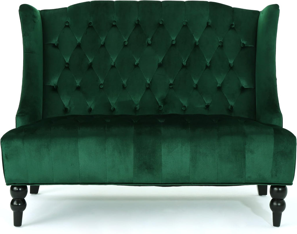 Modern Tufted Velvet Wingback Loveseat, Tufted Velvet 2 Seat Couch Sofas with High Back Thick Padded Cushioned Seats for Living Room, Victorian Style, Emerald