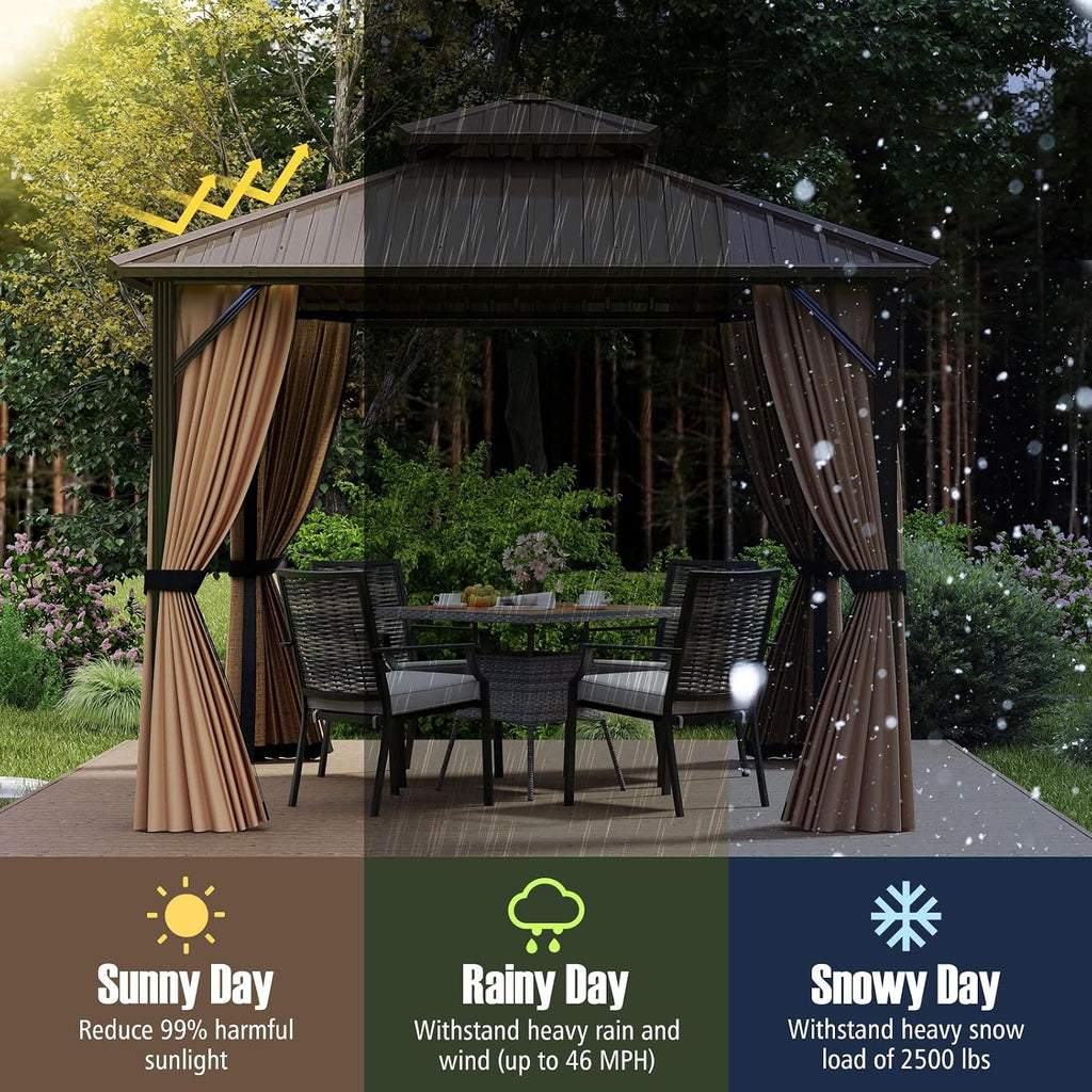 Tangkula 10x10 FT Hardtop Gazebo, Aluminum Frame Permanent Pavilion with Curtains, Netting, Heavy-Duty Double-Tier Galvanized Metal Roof, Outdoor Gazebo for Patios Garden Deck Lawn Backyard