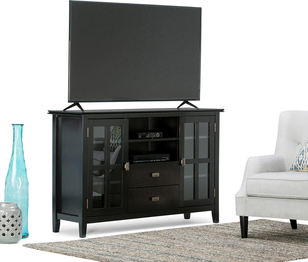 SIMPLIHOME Artisan TV Stand - 53 inch Wide Solid Wood Tall Media Console in Black, Contemporary Entertainment Center for Living Room for TVs up to 60 Inches with Drawers and Cable Management