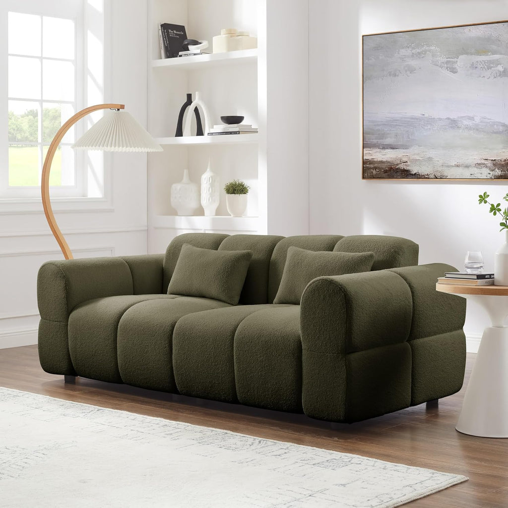 80' Modern Sofa Couch, Comfy Deep Seat Lambswool Cloud Sofa, Upholstered 3-Seater Boucle Couch, Oversized Loveseat for Living Room, Bedroom, Office, Apartment(Green)