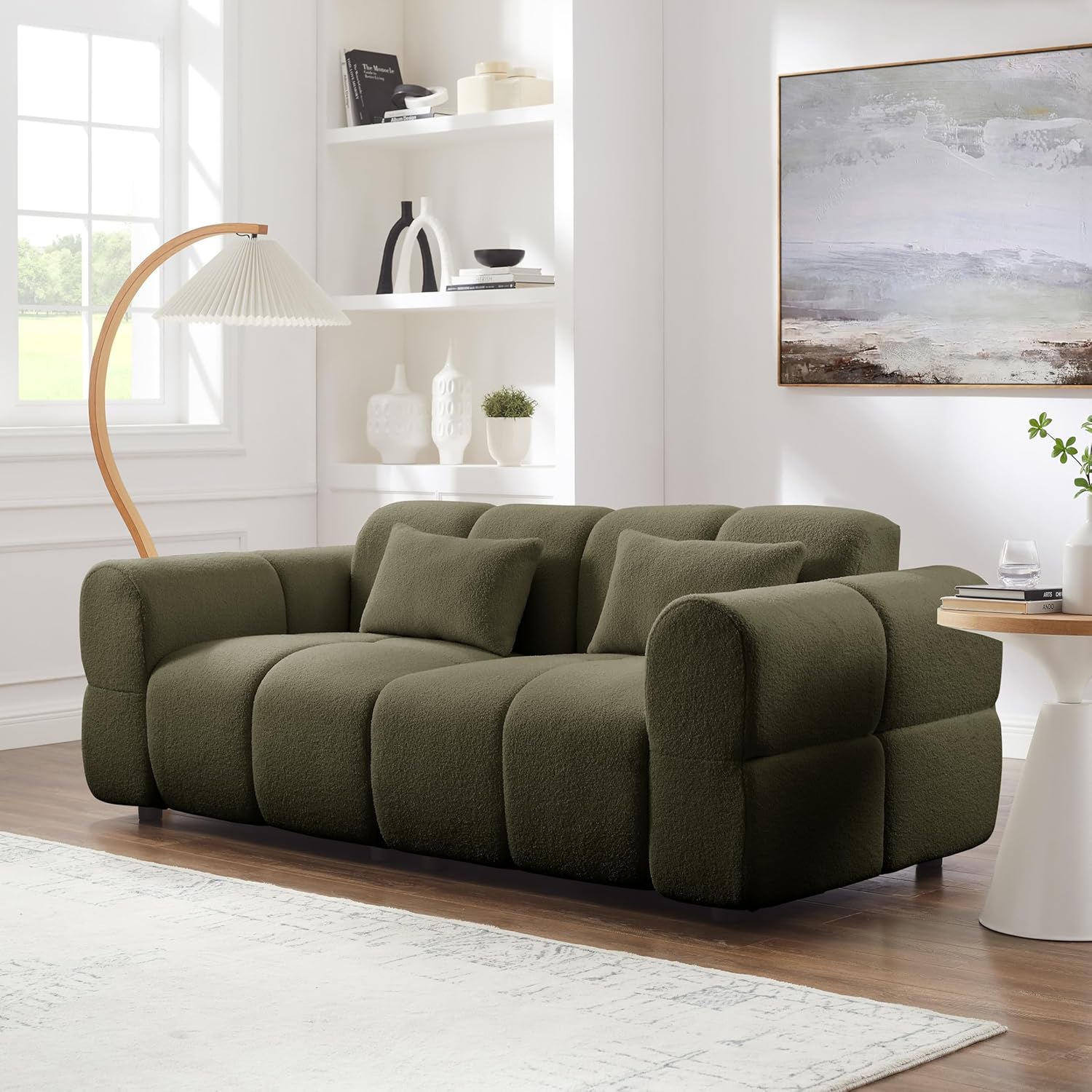 80' Modern Sofa Couch, Comfy Deep Seat Lambswool Cloud Sofa, Upholstered 3-Seater Boucle Couch, Oversized Loveseat for Living Room, Bedroom, Office, Apartment(Green)