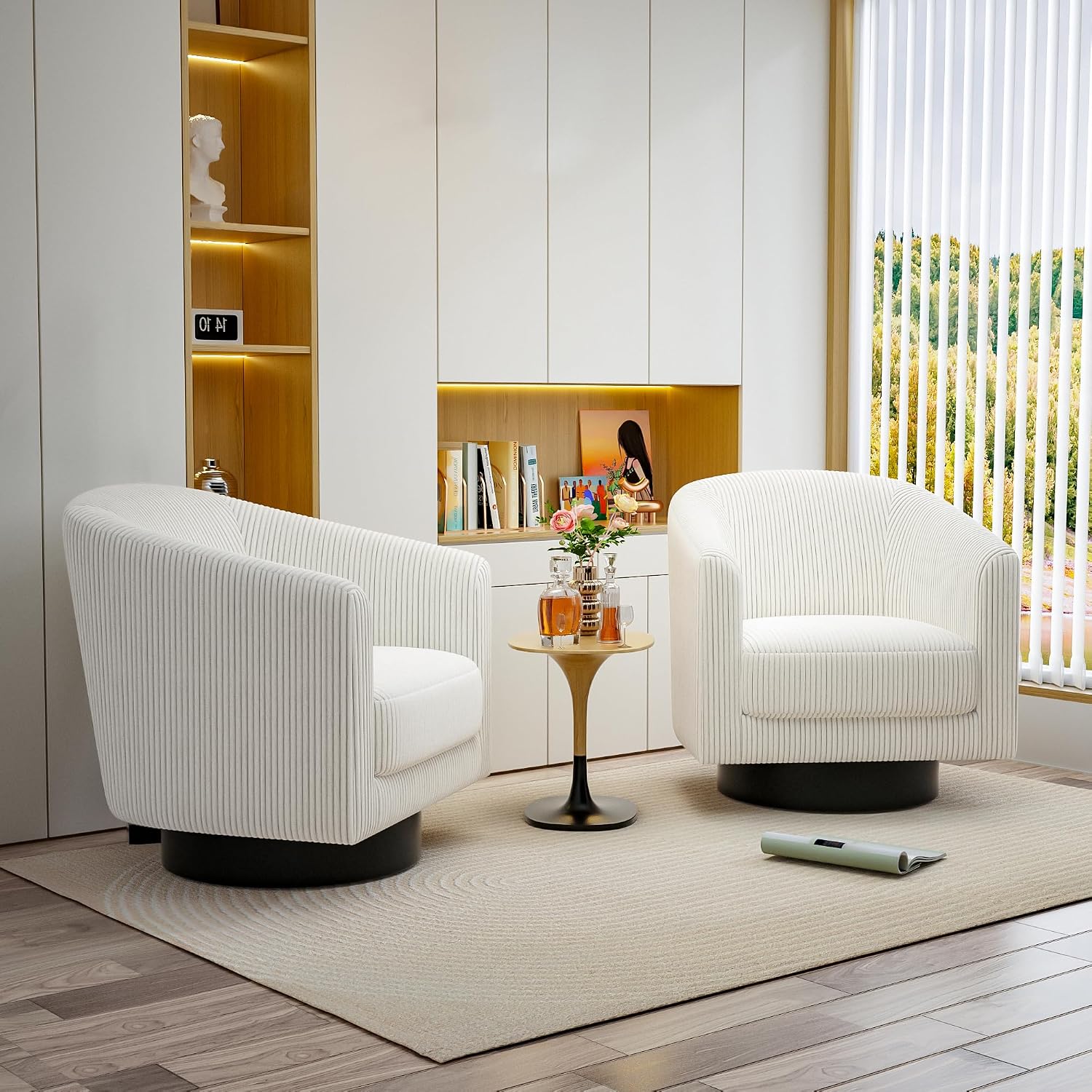 Swivel Accent Chairs Set of 2, 360° Bucket Chair, Modern Upholstered Barrel Armchair, Comfy Corduroy Single Sofa for Living Room Bedroom, Beige