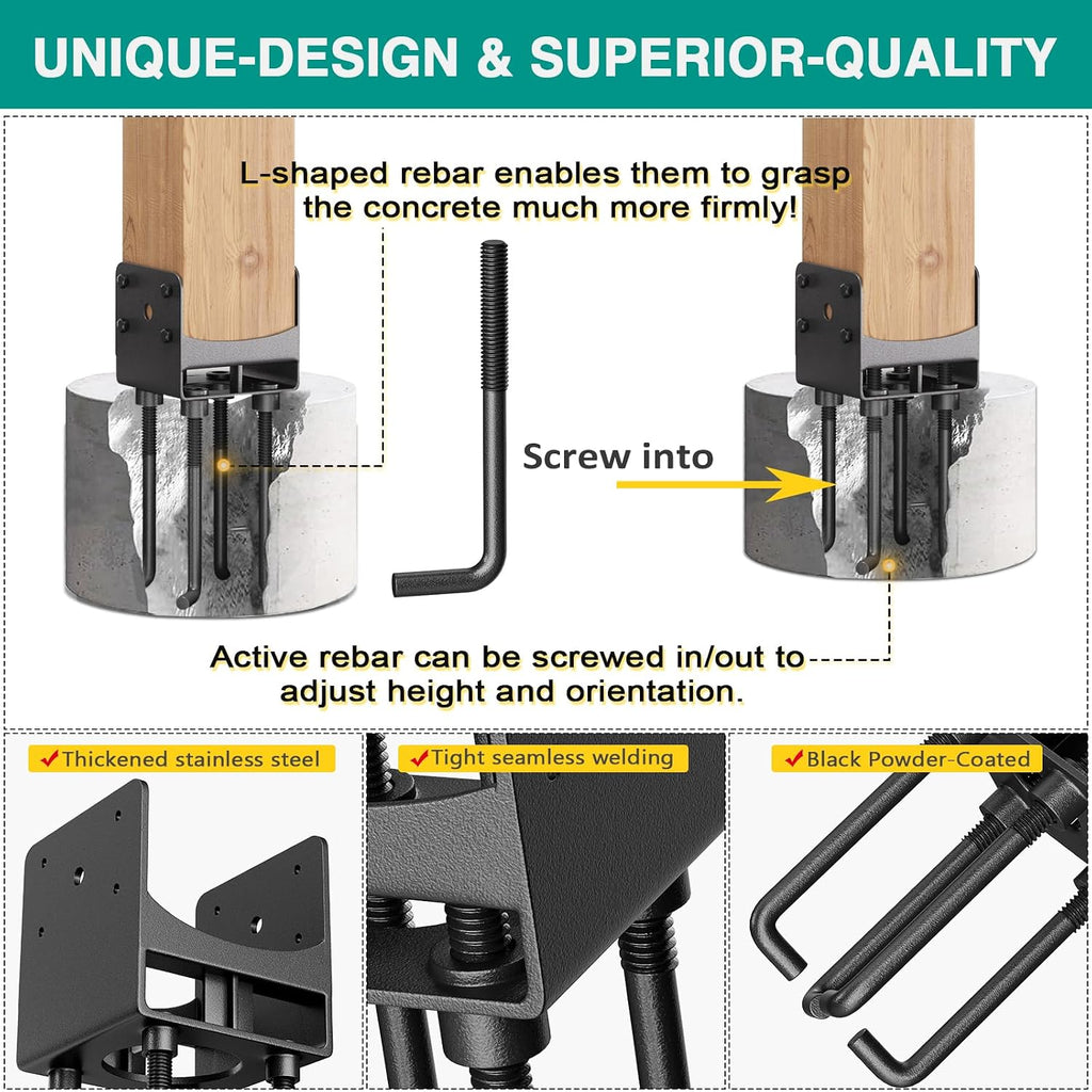 Stainless Steel Post Base Anchor Bracket for 4'x4' Post with Air Flow Channel, U-Shaped Post Holder Bracket with Rebars Working in Concrete Foundation, 4Pack [Patent Pending]