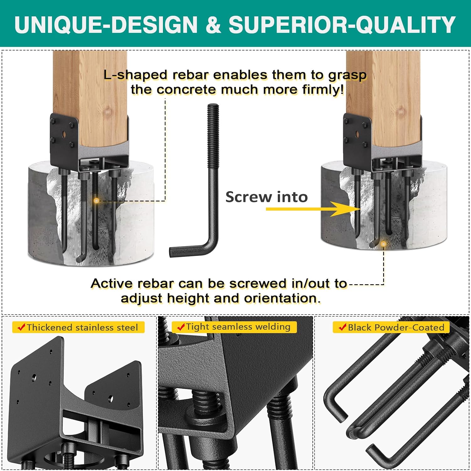 Stainless Steel Post Base Anchor Bracket for 4'x4' Post with Air Flow Channel, U-Shaped Post Holder Bracket with Rebars Working in Concrete Foundation, 4Pack [Patent Pending]