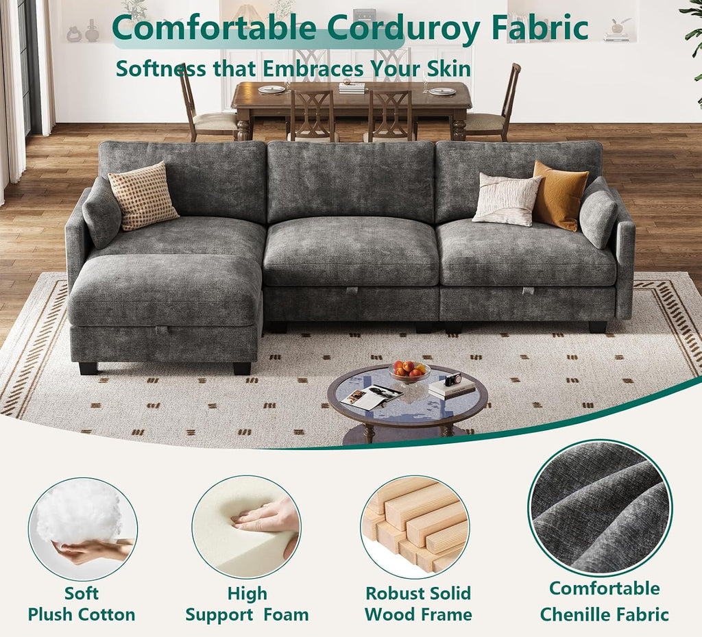 Modular Sectional U Shaped Sofa Couches for Living Room, Cloud Couch with Storage Ottoman, Comfy Chenille Sofa with Pillow, Dark Gray