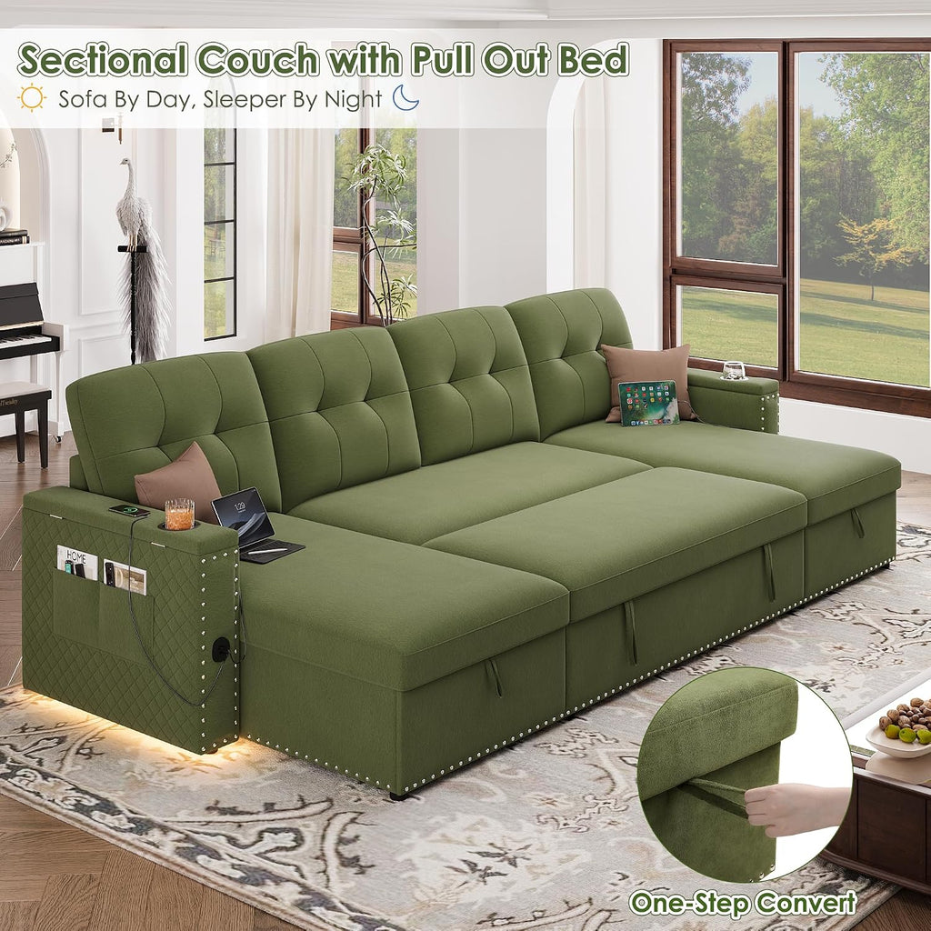 HIFIT 106' Sectional Couches for Living Room- Pull Out Sleeper Sofa Couch w/Storage Chaise,Storage Armrest,LED Light&USB Port&Cupholder,Modern Velvet U Shaped Home Sofa Living Room Furniture Set,Green