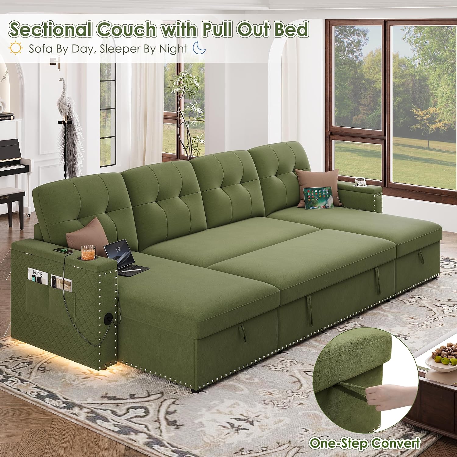 HIFIT 106' Sectional Couches for Living Room- Pull Out Sleeper Sofa Couch w/Storage Chaise,Storage Armrest,LED Light&USB Port&Cupholder,Modern Velvet U Shaped Home Sofa Living Room Furniture Set,Green