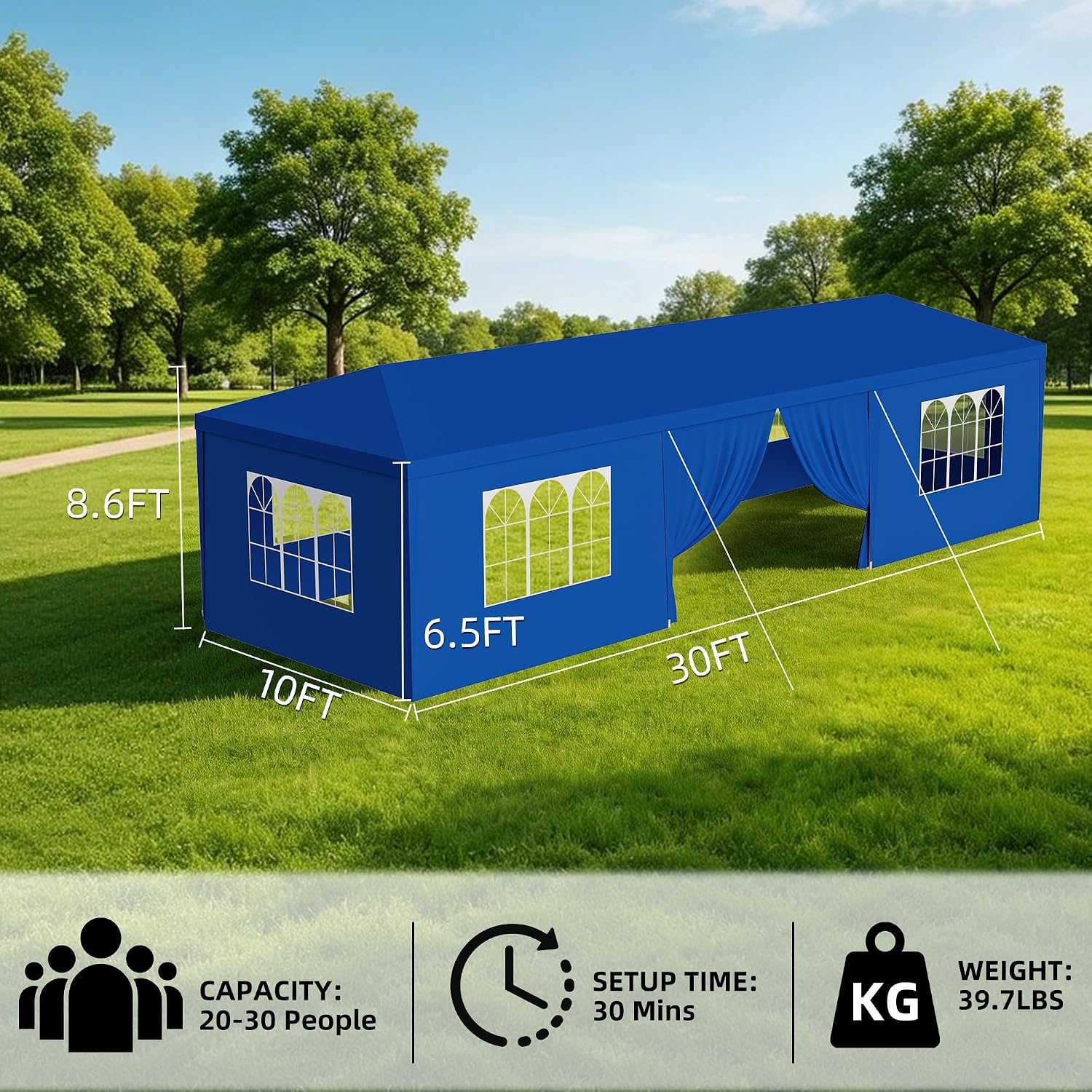 10x30 Party Tent Heavy Duty Outdoor Canopy Tents for Parties with 8 Removable Sidewalls Outside Large Gazebo Shelter Carpas para Fiestas for Backyard Patio Events Wedding BBQ, Blue