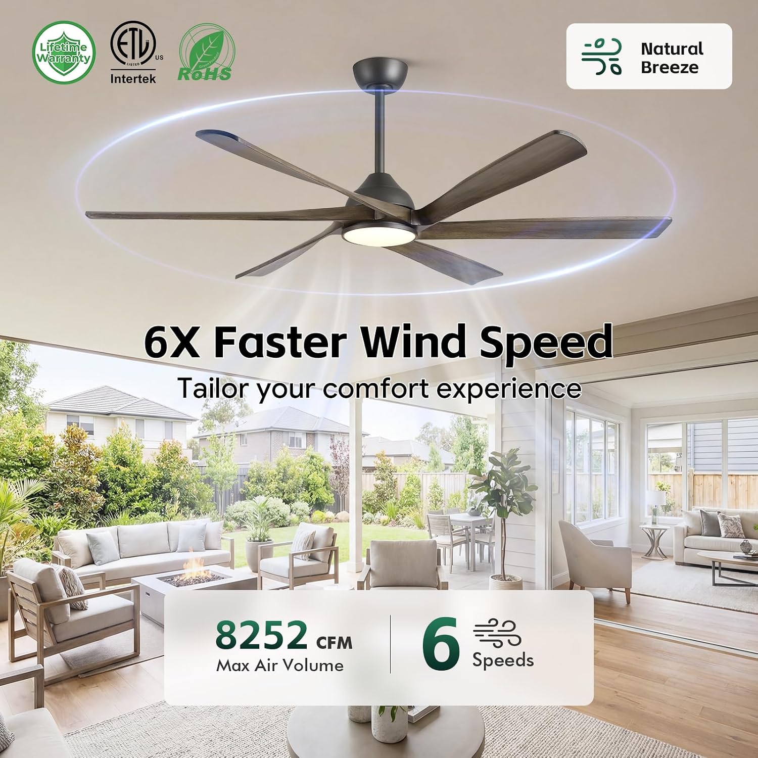 60 Inch Outdoor Ceiling Fan with Light and Remote, Rustic Farmhouse Smart Ceiling Fans with WiFi App/Alexa Voice Control, 6 Solid Wood Blades, Quiet Reversible DC Motor, Damp Rated for Covered Patio