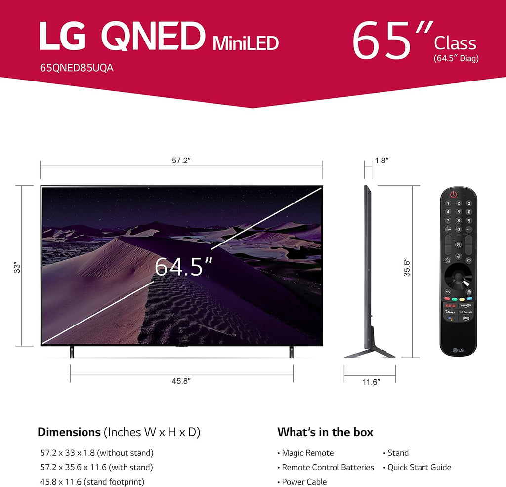 LG QNED 85 Series 65' Alexa Built-in 4k Smart TV (3840 x 2160), 120Hz Refresh Rate, AI-Powered 4K, Dolby Cinema, WiSA Ready, Cloud Gaming (65QNED85UQA, 2022)